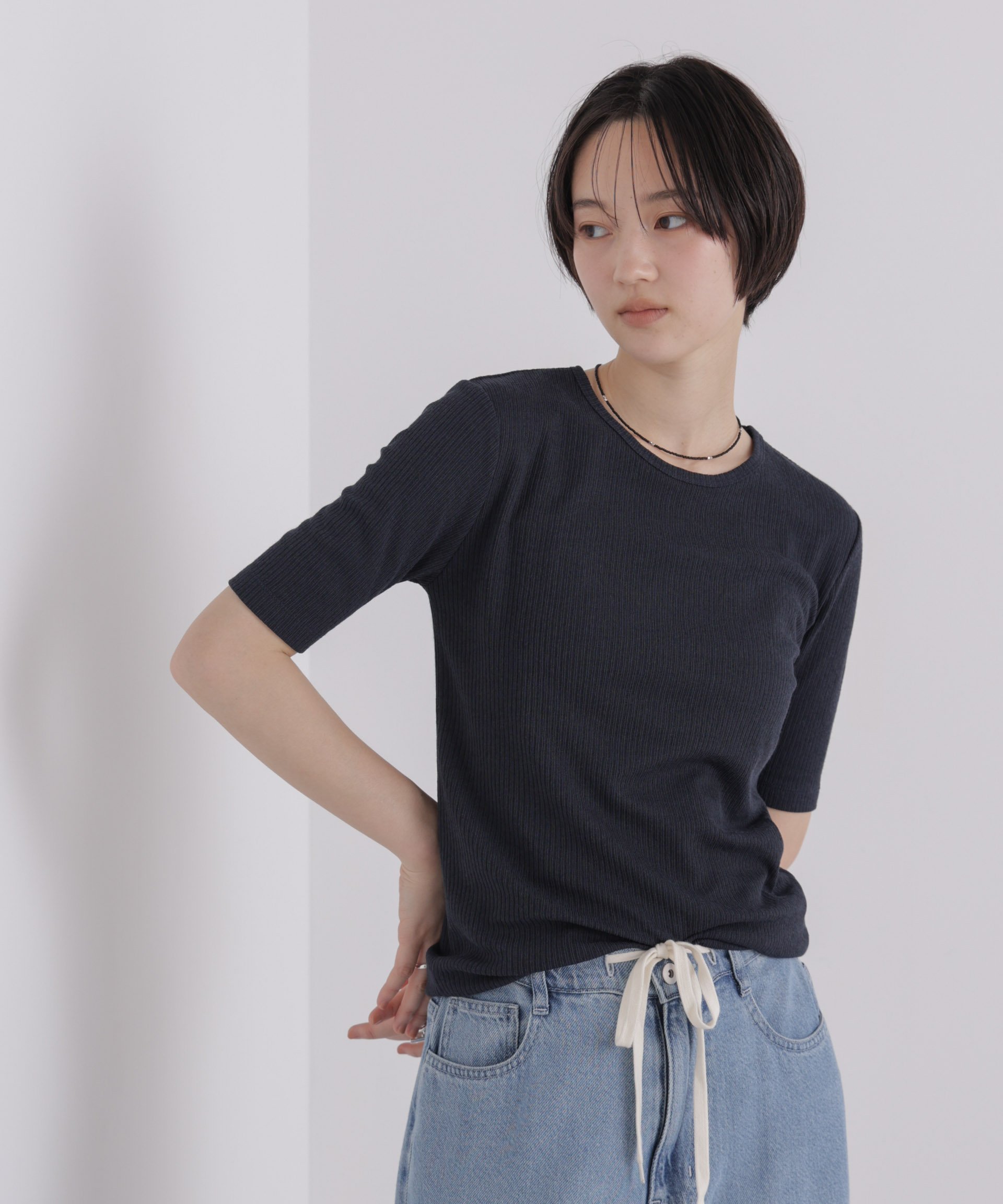 NANO universe ソフトシアーリブクルーネック半袖トップス ナノユニバース トップス カットソー・Tシャツ ネイビー ベージュ ブラック