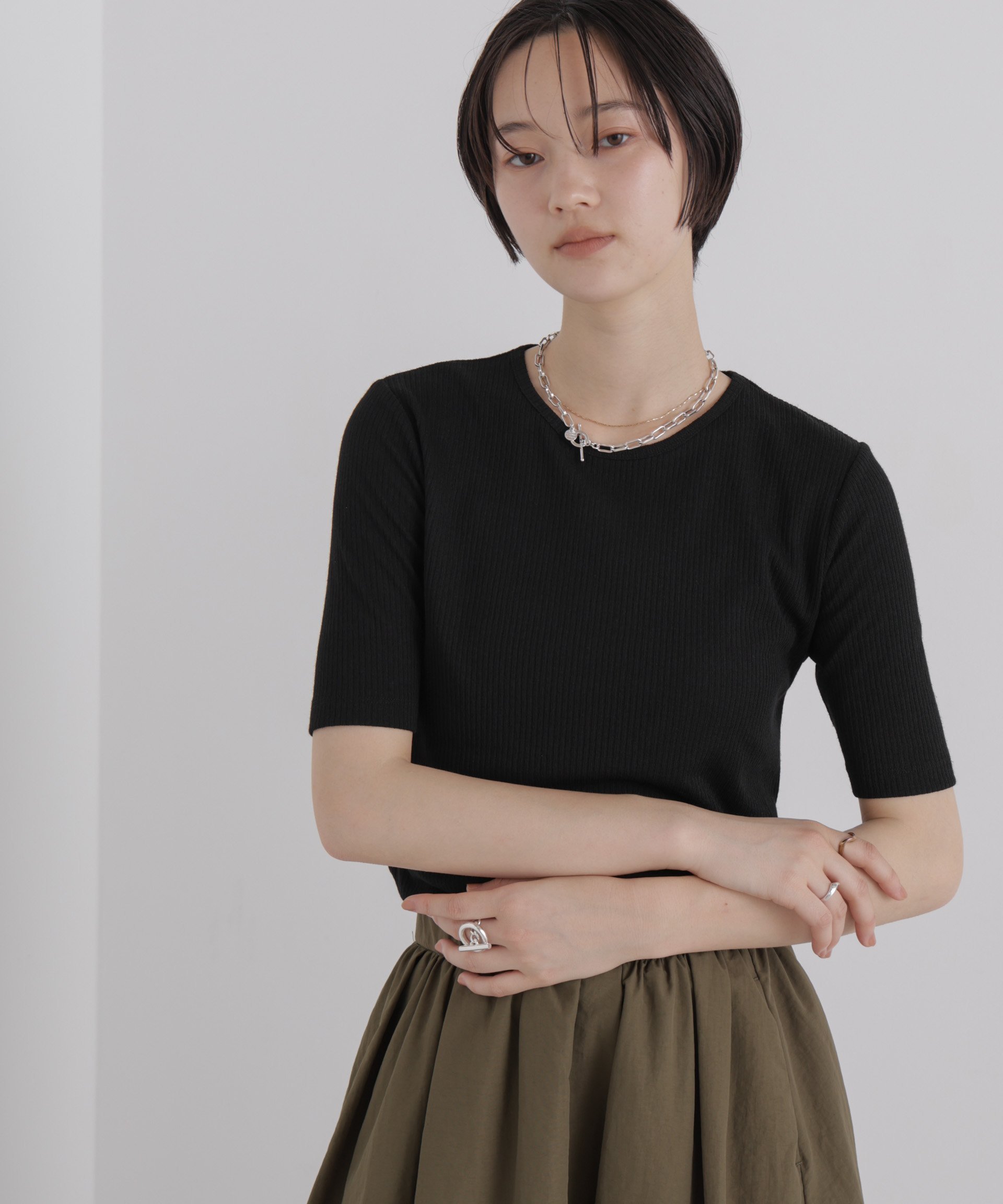 NANO universe ソフトシアーリブクルーネック半袖トップス ナノユニバース トップス カットソー・Tシャツ ネイビー ベージュ ブラック