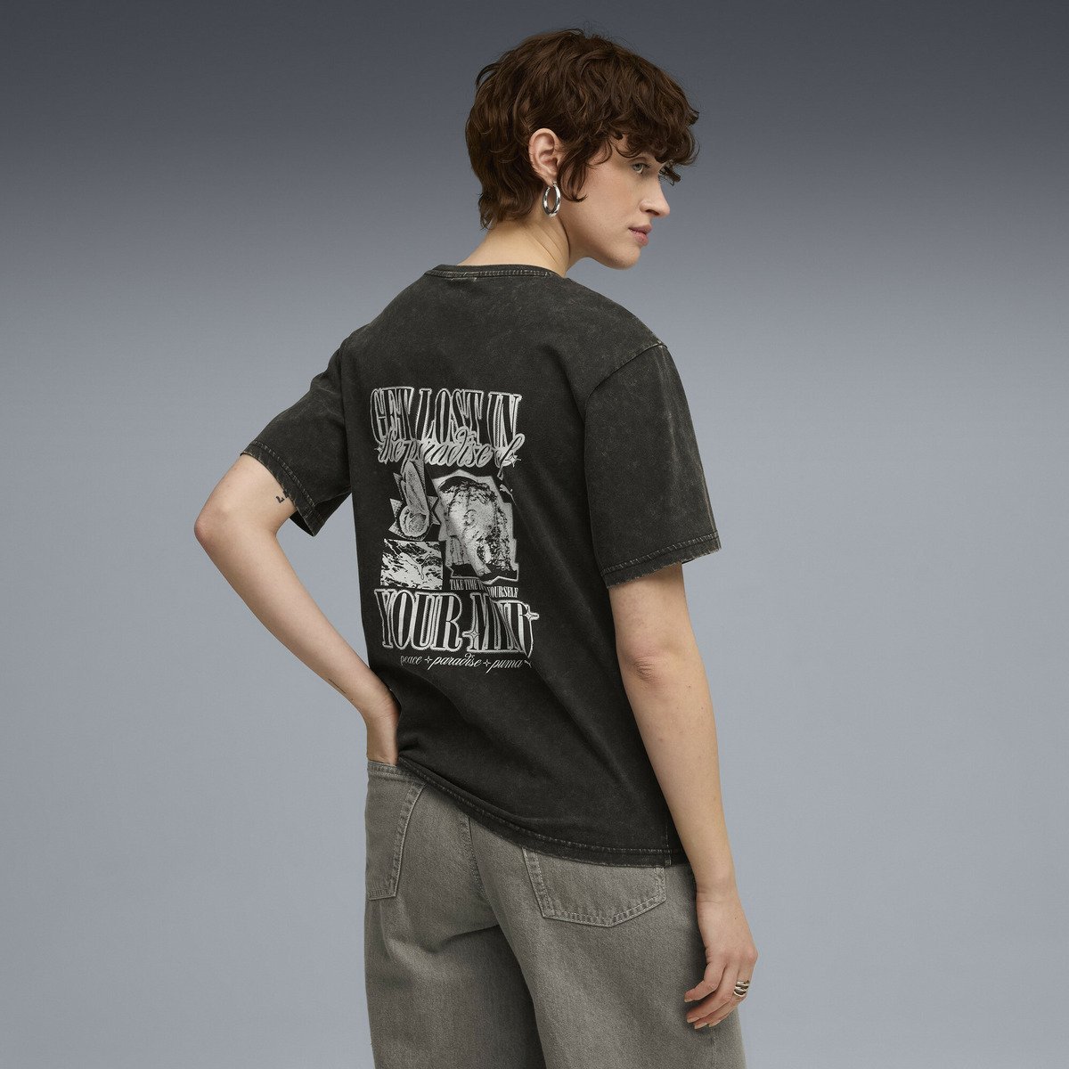 【SALE／30%OFF】PUMA ウィメンズ グラフィック パラダイス マインドセット ウォッシュド リラックスド 半袖 Tシャツ プーマ トップス カットソー・Tシャツ ブラック