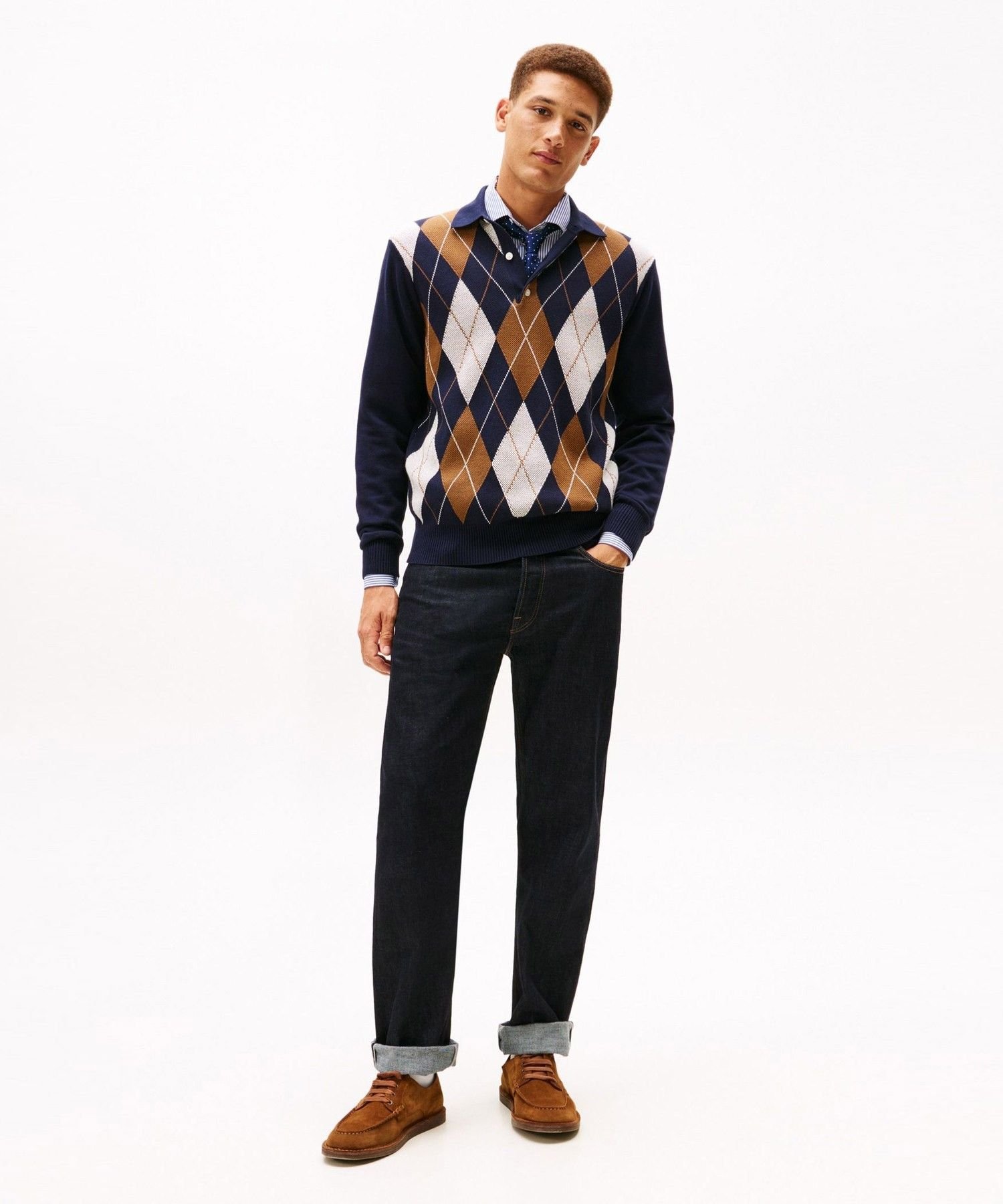TOMMY HILFIGER アーガイルラグビーセーター トミーヒルフィガー トップス ニット ネイビー【送料無料】