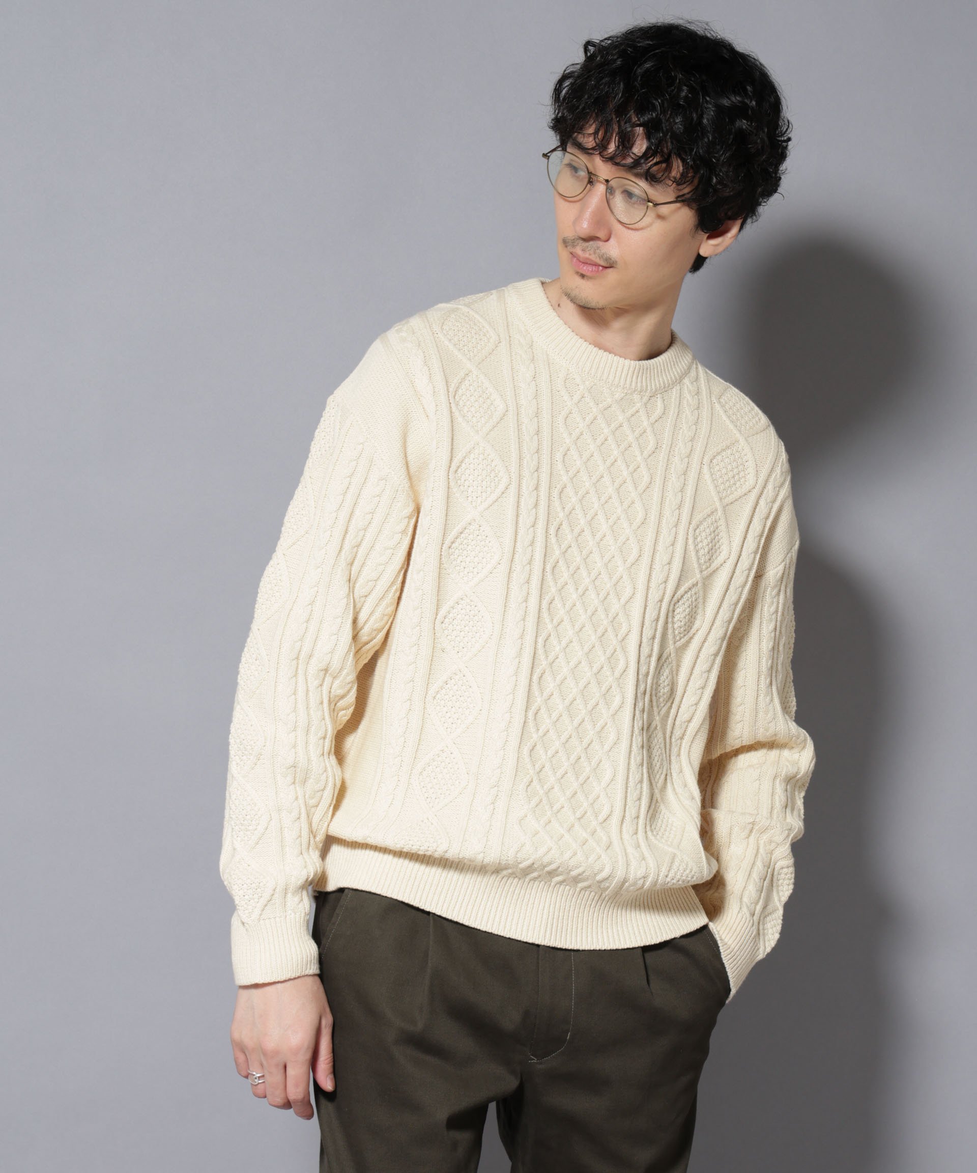 NANO universe コットンMIXバルキーケーブルニット ナノユニバース トップス ニット グレー ホワイト【送料無料】