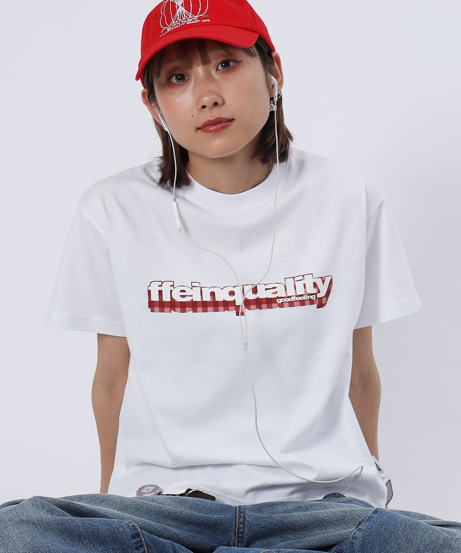 FFEIN 【FFEIN(フェイン)】立体チェックプリントロゴショート丈Tシャツ/ クルーネック 半袖 刺繍 【短丈】 ナバル トップス カットソー・Tシャツ ホワイト ネイビー ブルー ブラック
