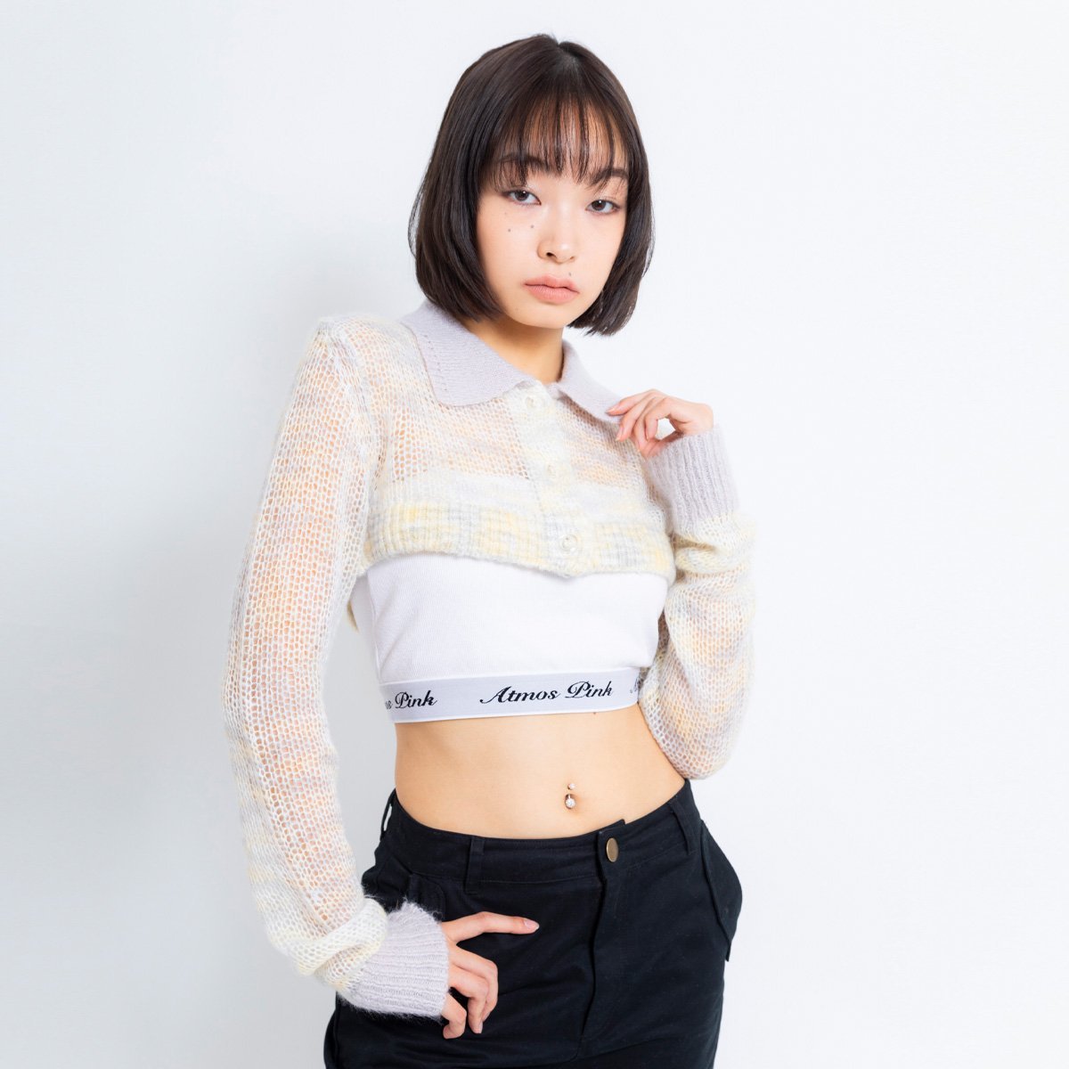 atmos pink atmos pink 襟付き ショート丈 ニットカーデ GRAY アトモス トップス ニット グレー【送料無料】