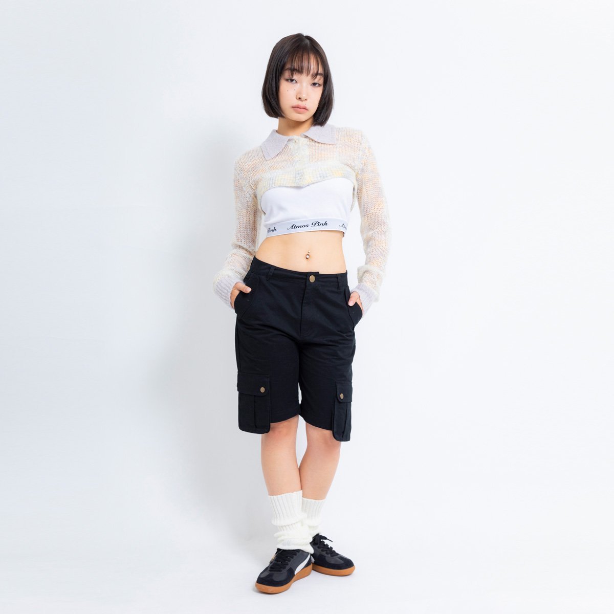 atmos pink atmos pink 襟付き ショート丈 ニットカーデ GRAY アトモス トップス ニット グレー