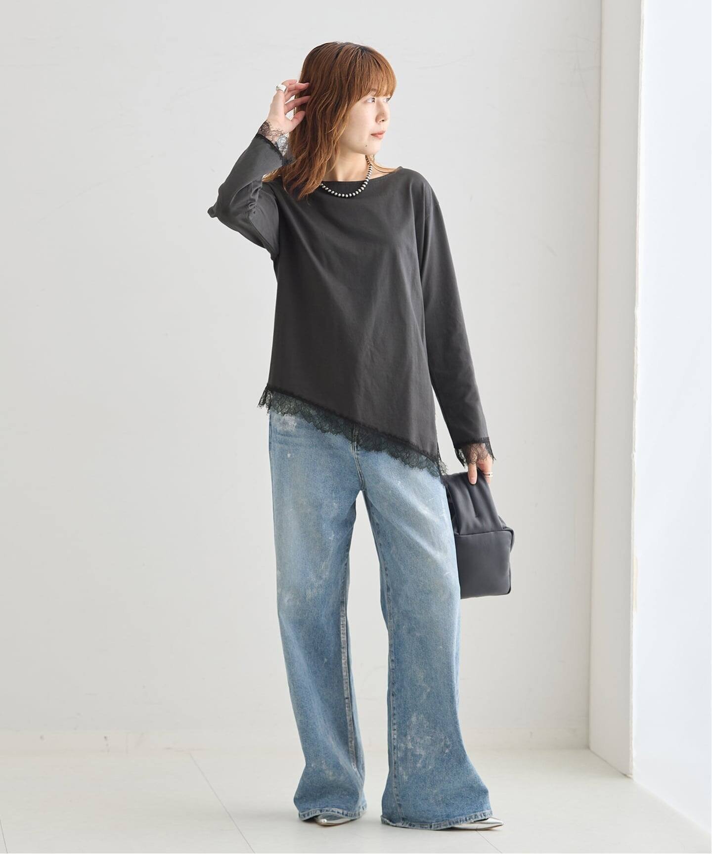 JOURNAL STANDARD L'ESSAGE レースイレヘムロングTシャツ ジャーナルスタンダード レサージュ トップス カットソー・Tシャツ グレー ホワイト