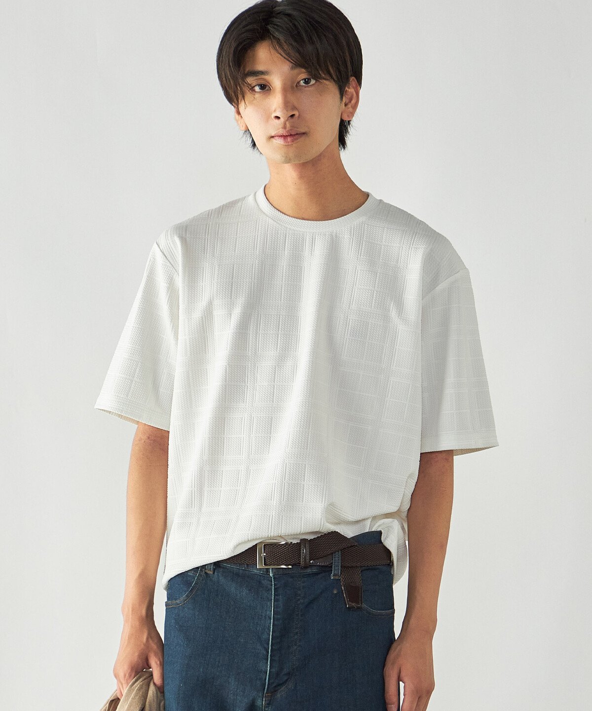 エンボスチェック クルーネックTシャツ コムサイズム トップス カットソー・Tシャツ ブラック ホワイト