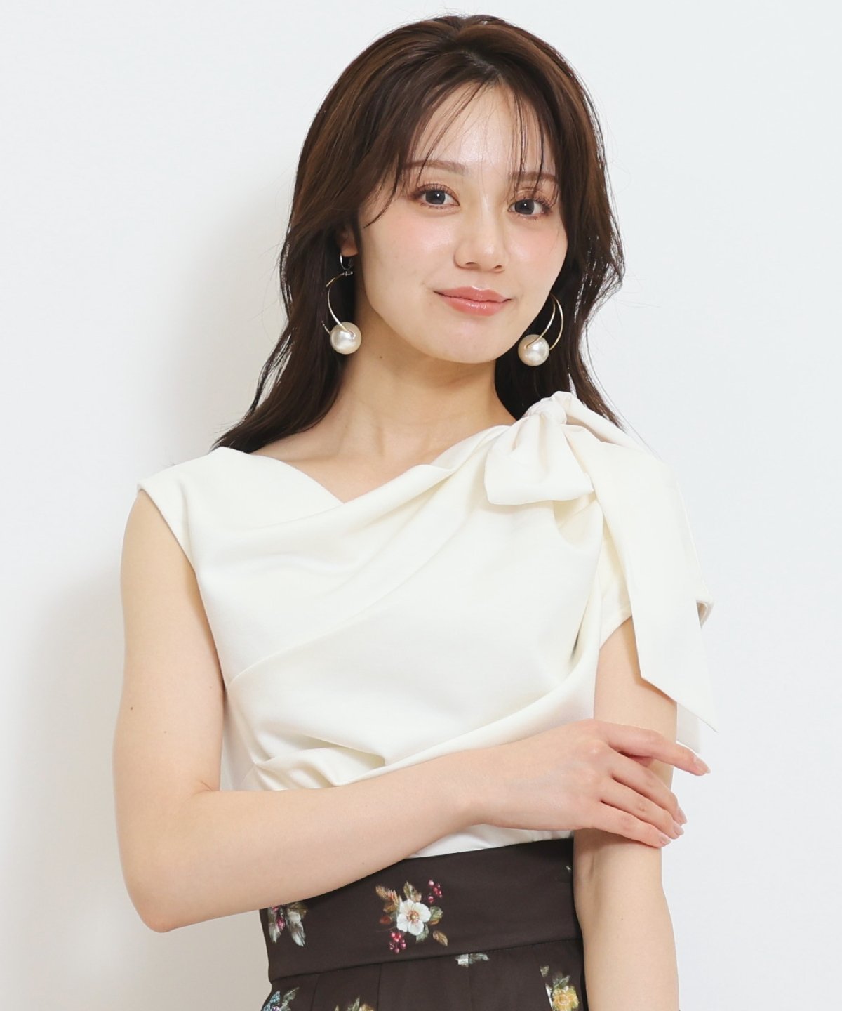 WILLSELECTION リボンショルダードレープカットトップス ウィルセレクション トップス カットソー・Tシャツ ブラック グレー ブラウン ホワイト