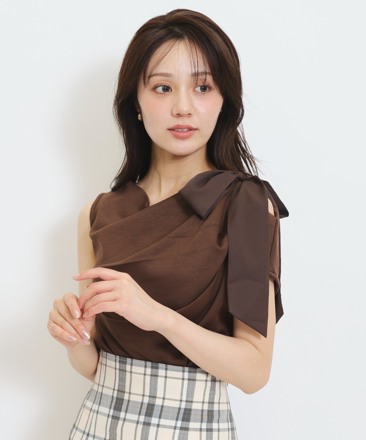 WILLSELECTION リボンショルダードレープカットトップス ウィルセレクション トップス カットソー・Tシャツ ブラック グレー ブラウン ホワイト