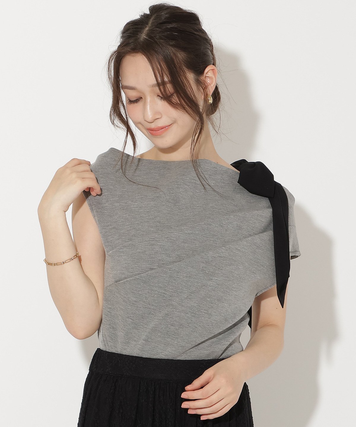 WILLSELECTION リボンショルダードレープカットトップス ウィルセレクション トップス カットソー・Tシャツ ブラック グレー ブラウン ホワイト