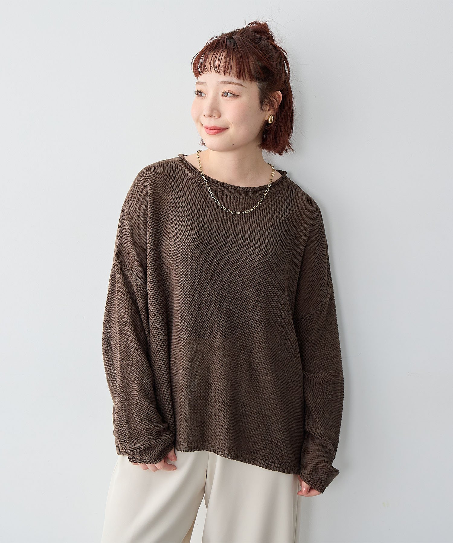 cross marche 【anyfee/大きいサイズ】リネンライクルーズニットプルオーバー◆新色追加◆(2026SS) クロスマルシェ トップス ニット ベージュ ブルー ブラウン グレー ホワイト ピンク【送料無料】
