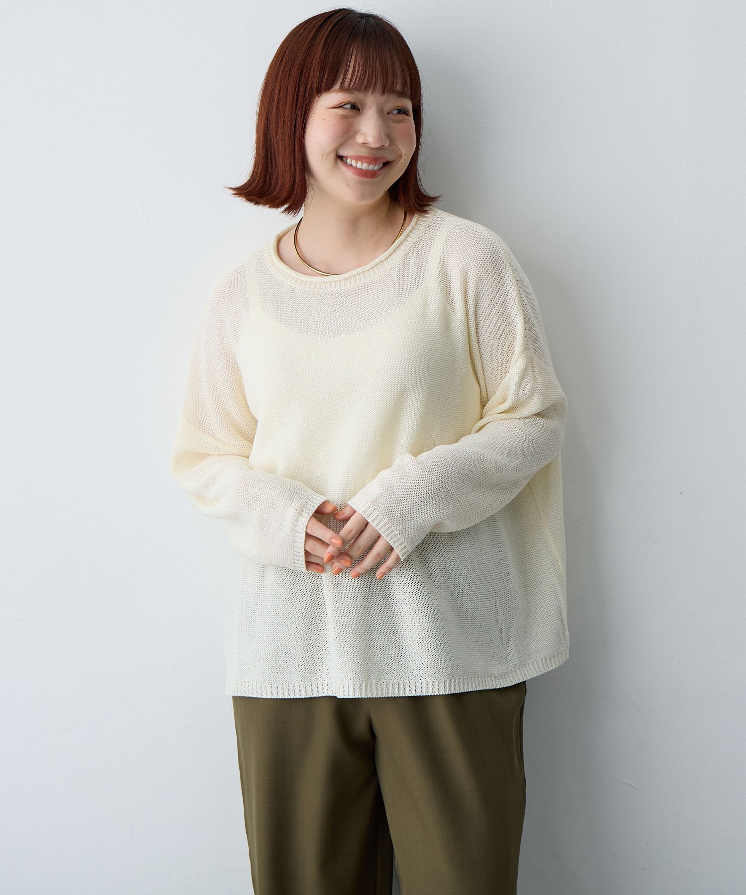 【anyfee/大きいサイズ】リネンライクルーズニットプルオーバー◆新色追加◆(2026SS) クロスマルシェ トップス ニット ベージュ ブルー ブラウン グレー ホワイト ピンク