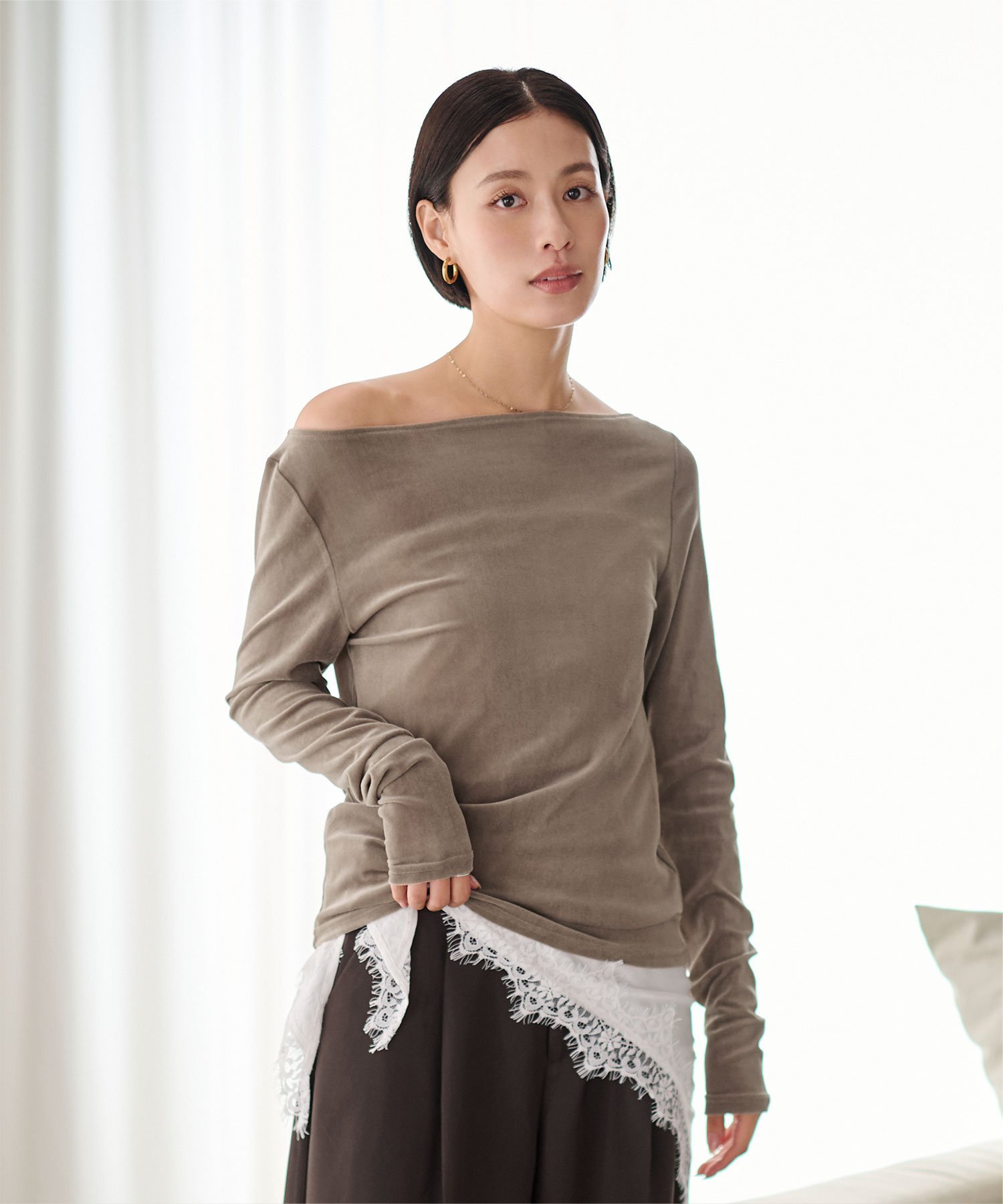 ur's 2way ボートネック ベロアトップス カットソー シアー ワンショルダー コラボ ユアーズ トップス カットソー・Tシャツ ブラック