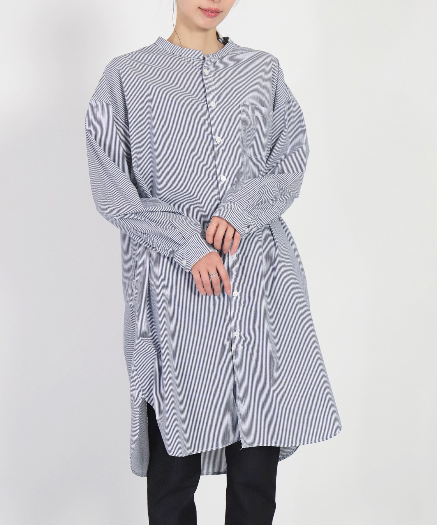 【SALE/50%OFF】D.M.G. ブロードストライプ スタンドカラーチュニック ドミンゴ ワンピース・ドレス シャツワンピース ブルー【送料無料】