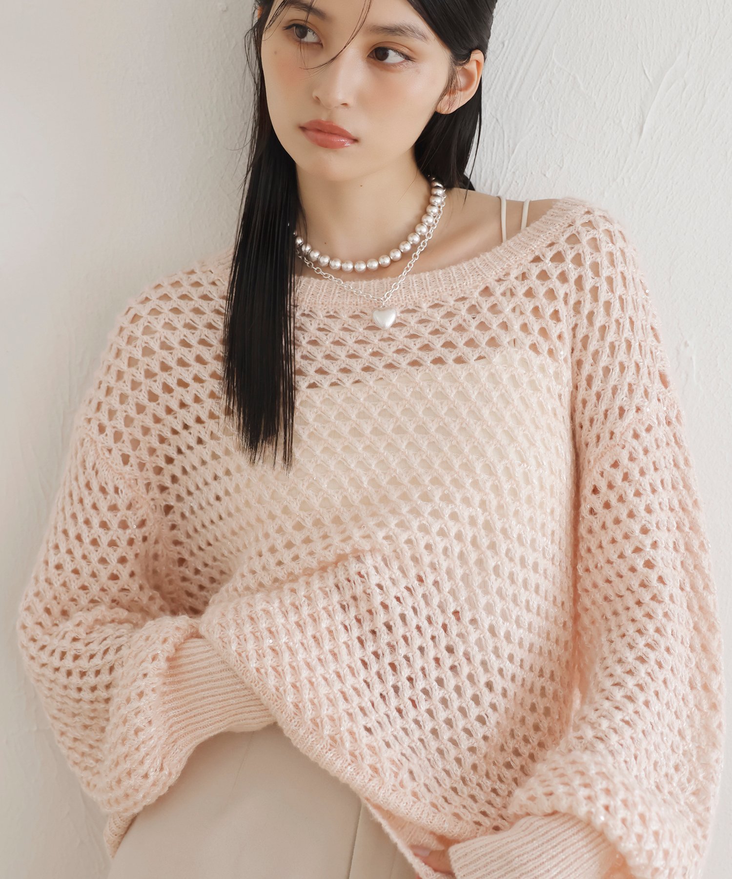 VIS モヘアライクメッシュスパンコールニットプルオーバー ビス トップス ニット ピンク グレー ホワイト