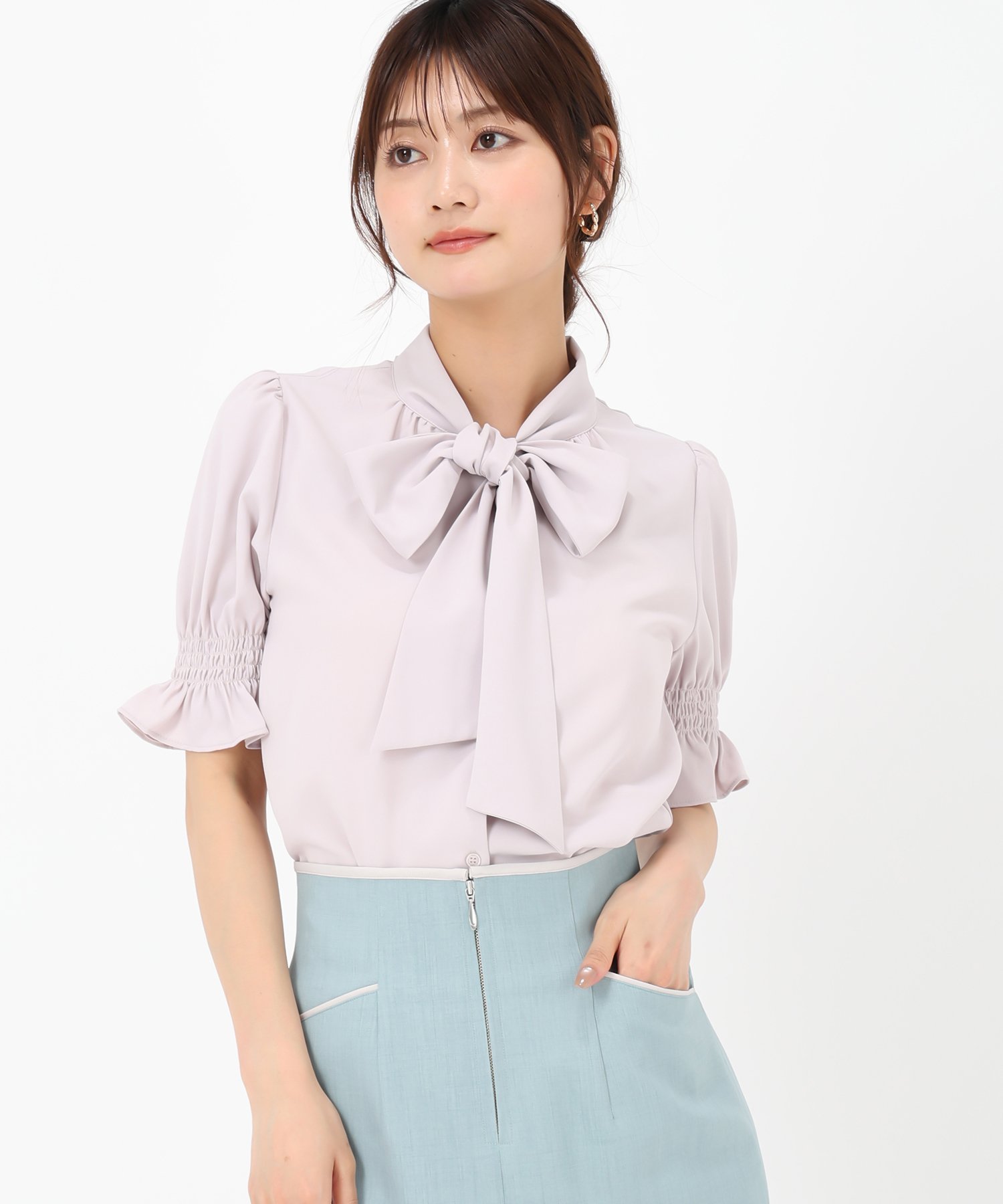 【SALE／30%OFF】MISCH MASCH 2025春夏新作 半袖ボウタイシャーリングブラウス ミッシュマッシュ トップス シャツ・ブラウス ブルー ピンク ホワイト【送料無料】のサムネイル