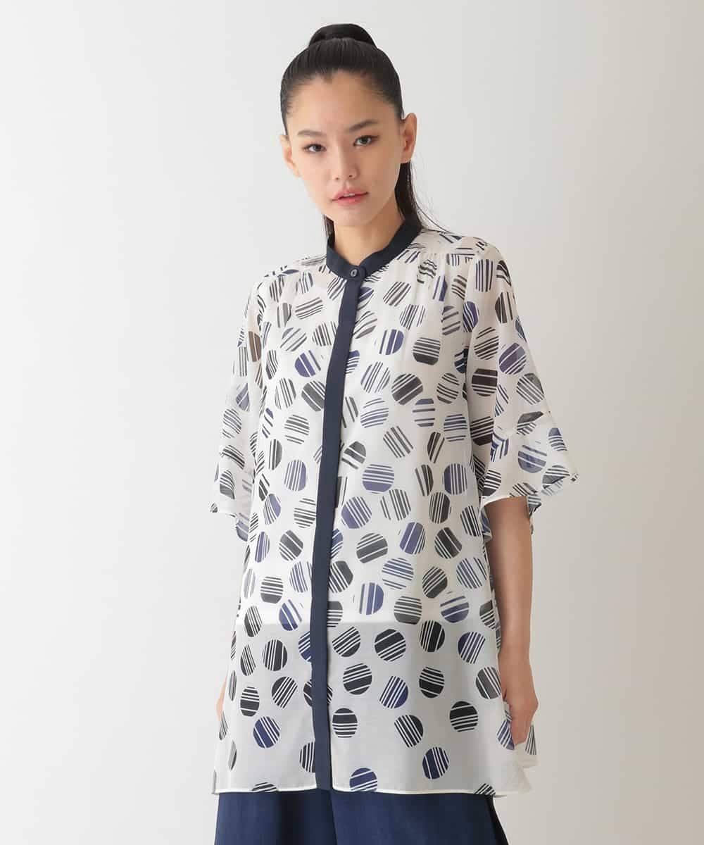 HIROKO BIS ストライプドット柄プリントブラウス /洗濯機で洗える ヒロコ ビス トップス シャツ・ブラウス ネイビー ホワイト