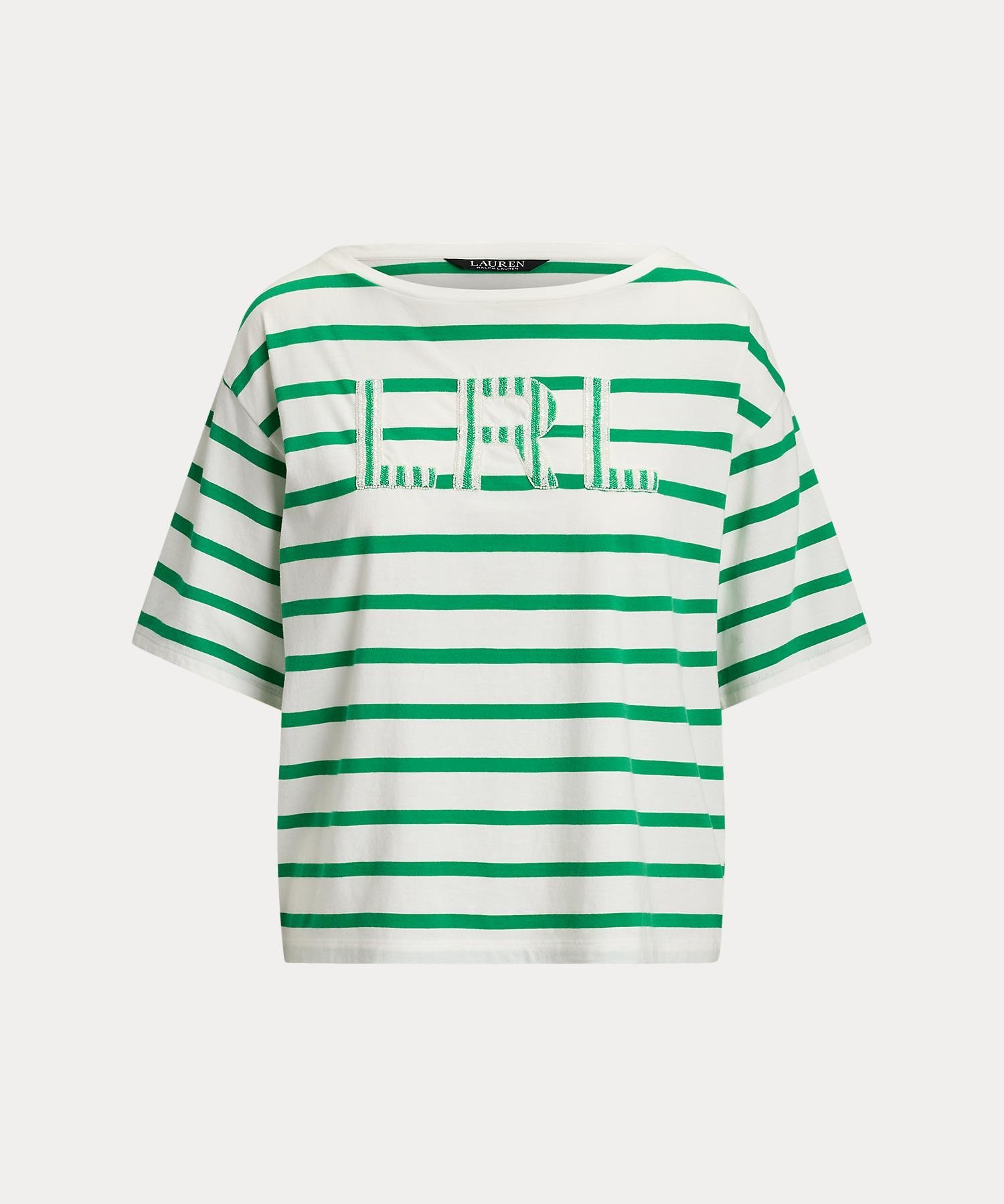 ストライプド ビーデッドロゴ コットン ジャージー Tシャツ ラルフローレン トップス カットソー・Tシャツ ホワイト