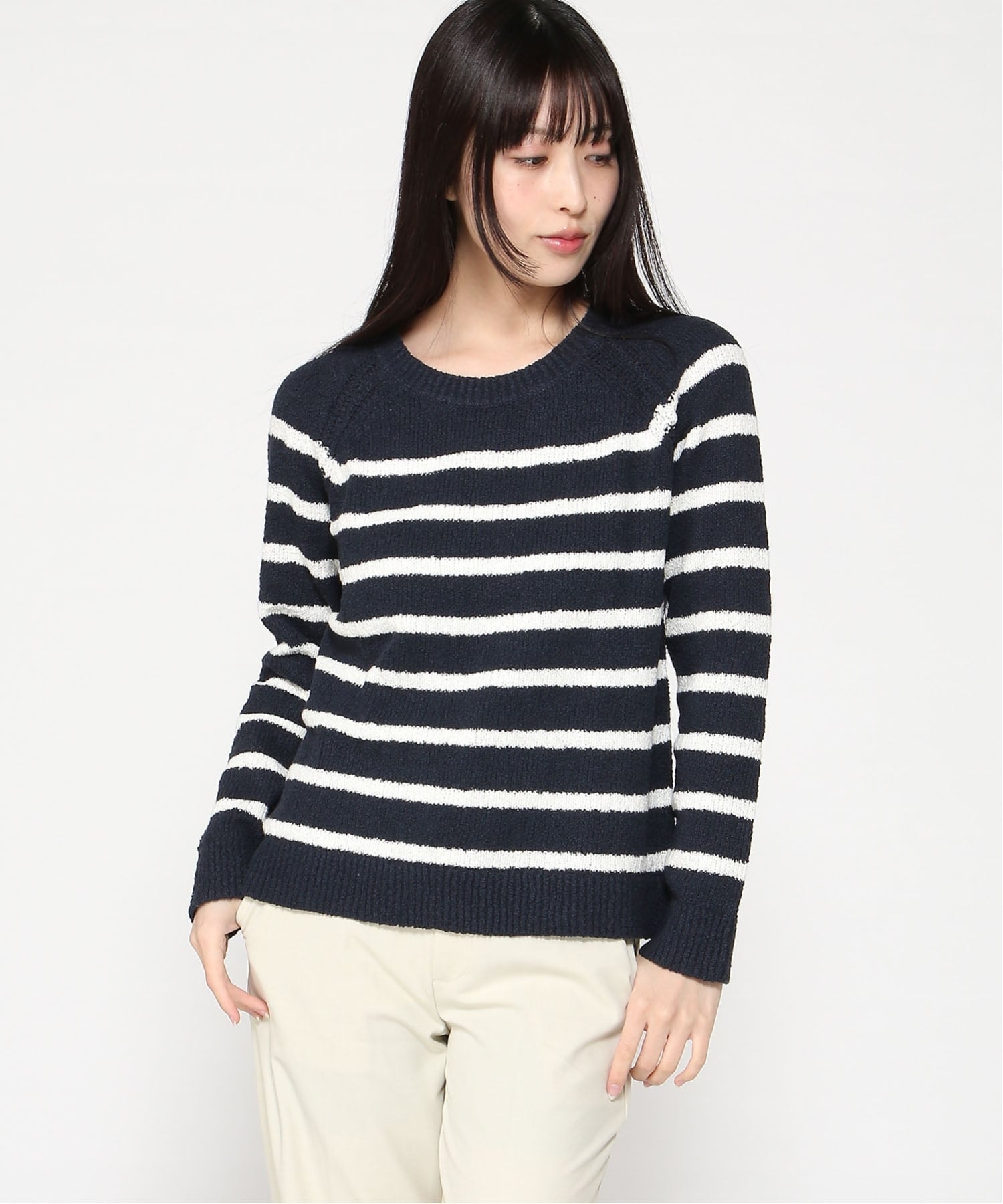 【SALE／62%OFF】BANANA REPUBLIC FACTORY STORE (W)BANANA REPUBLIC FACTORY STORE　　ストライプ ブークレ ラグラン セーター バナナ・リパブリック ファクトリーストアー トップス ニット ネイビー ホワイト【送料無料】