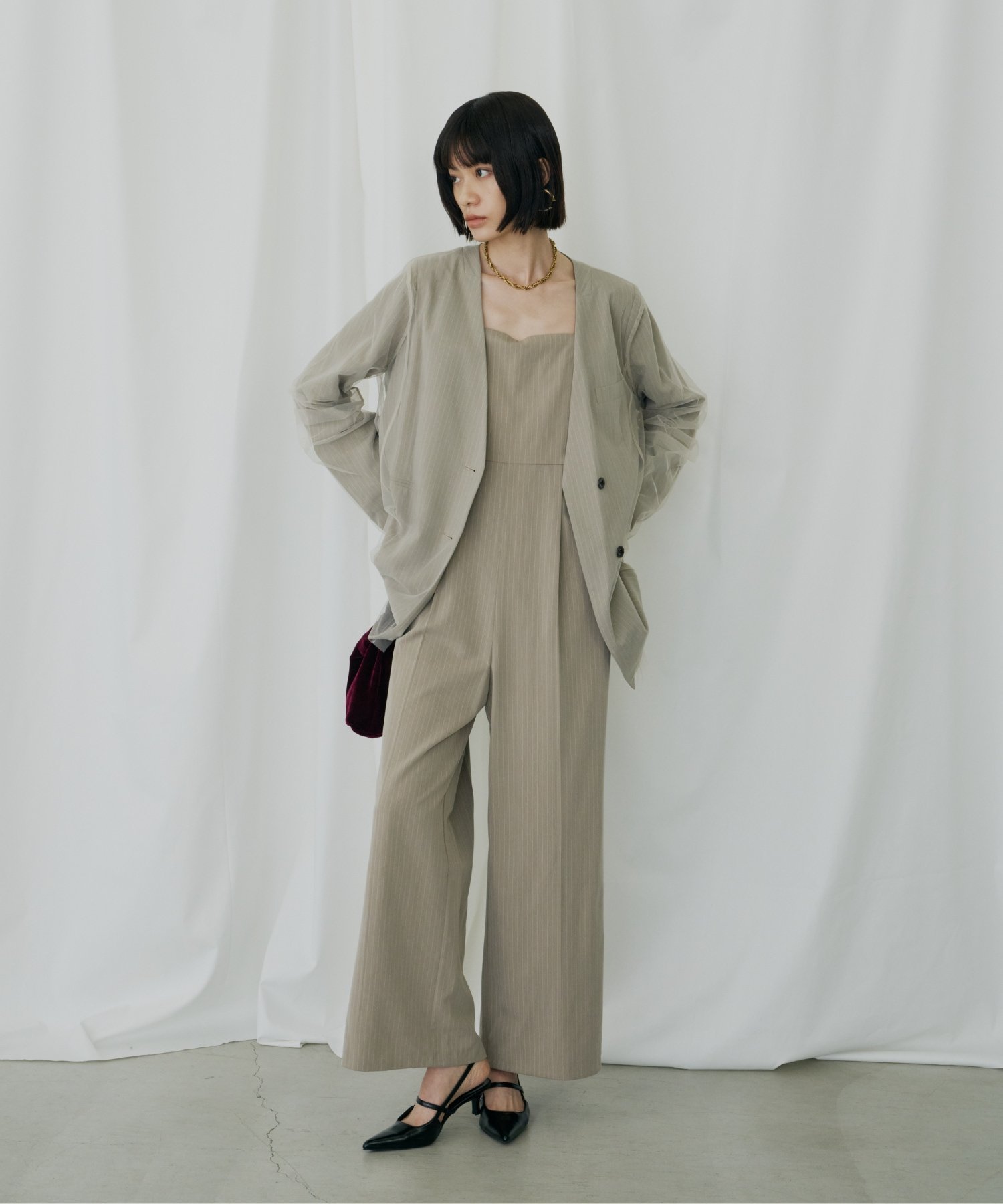 ANDRESD 結婚式・二次会対応 ピンストライプパンツドレス アンドレスド ワンピース・ドレス ドレス グレー ベージュ【送料無料】