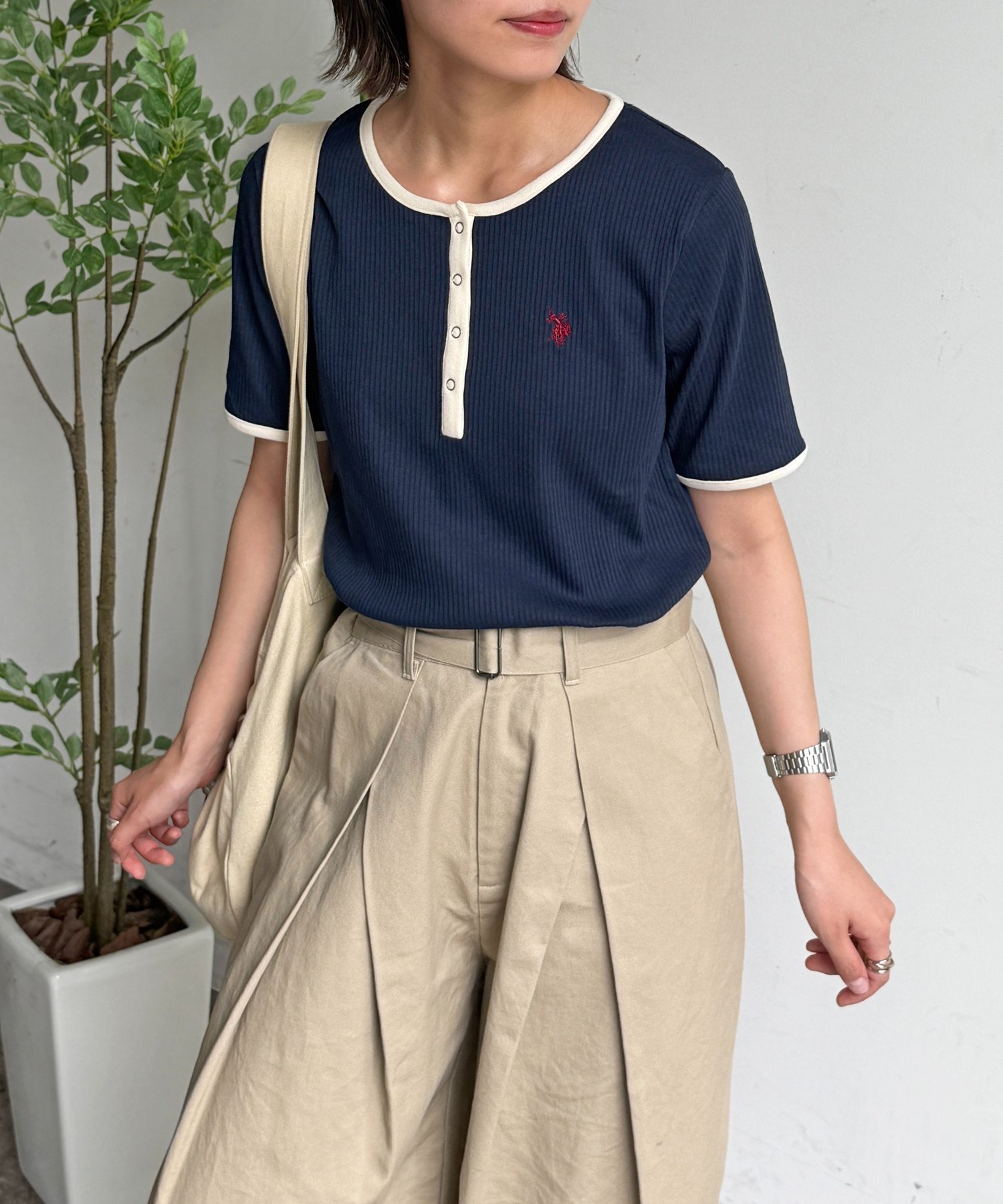 【U.S. POLO ASSN. 】ヘンリーネックリブ半袖T シーピーシーエム トップス カットソー・Tシャツ ネイビー ブラウン グレー ブラック ホワイト