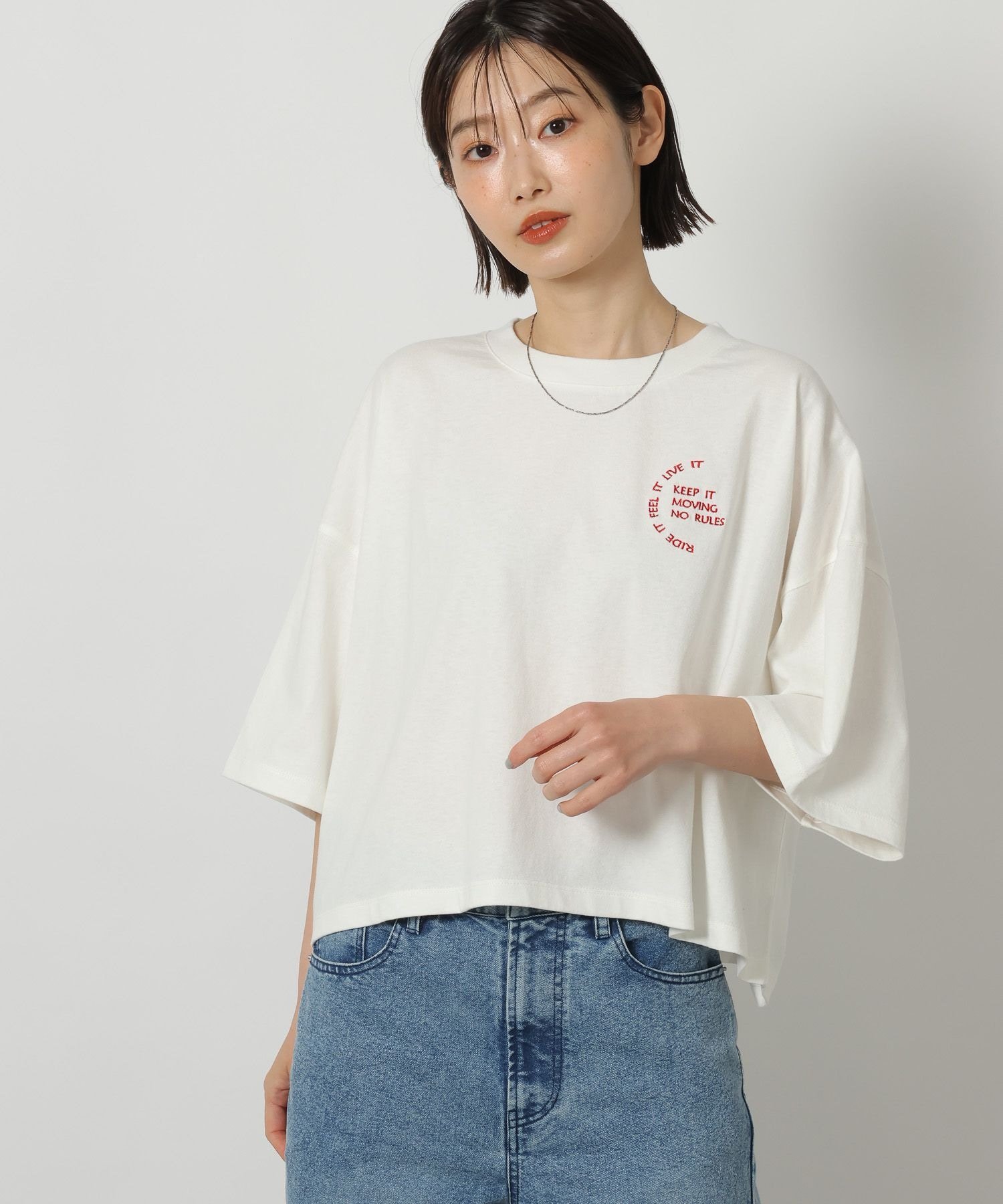 LAKOLE 刺繍ロゴクロップドT ラコレ トップス カットソー・Tシャツ オレンジ ホワイト グレー