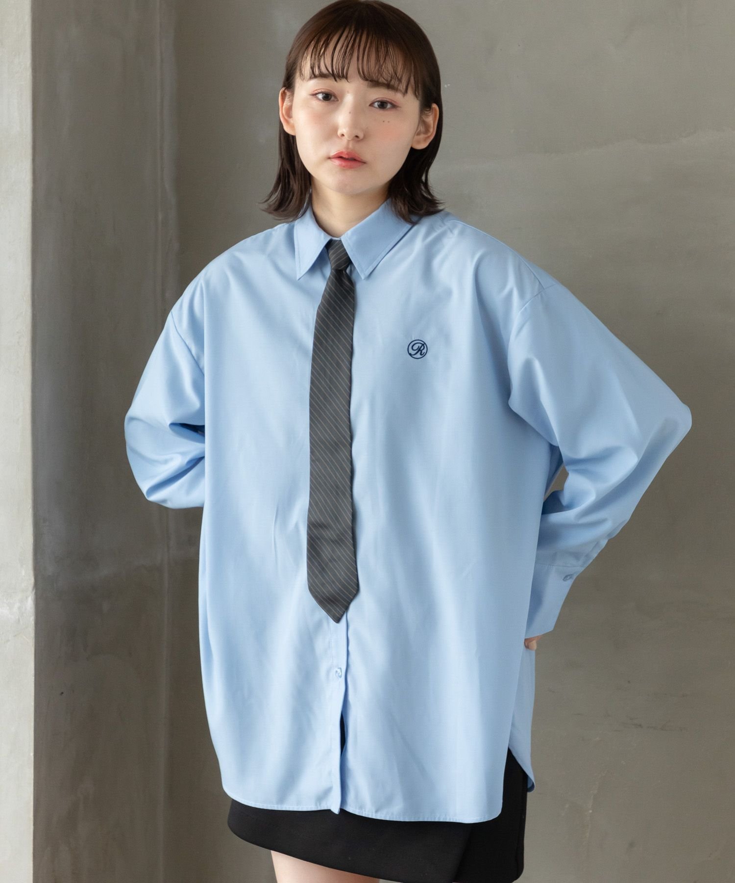 【SALE／30%OFF】RETRO GIRL ネクタイ付BIGシャツ レトロガール トップス シャツ・ブラウス ブルー ホワイト ベージュ