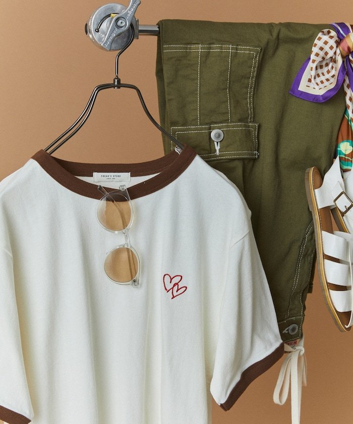 FREAK'S STORE ワンポイントハート刺繍 リンガーTシャツ フリークスストア トップス カットソー・Tシャツ ブラウン レッド ネイビー【送料無料】のサムネイル