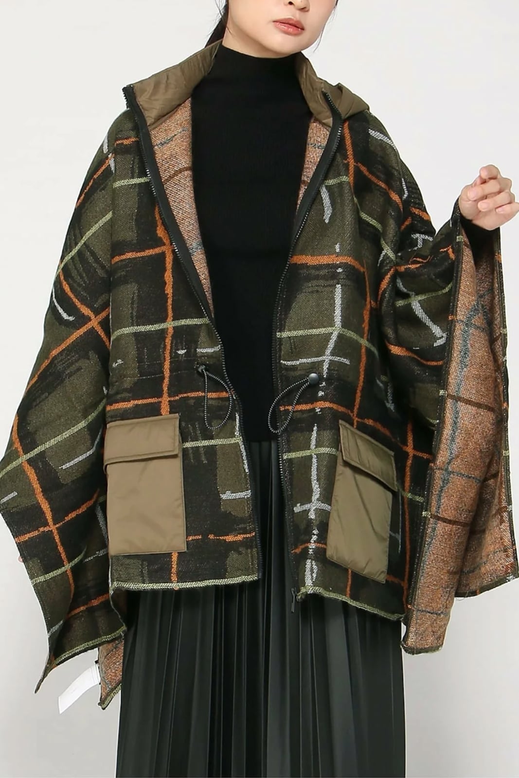 Desigual フード付きチェック柄ポンチョ デシグアル ジャケット・アウター ポンチョ グリーン【送料無料】