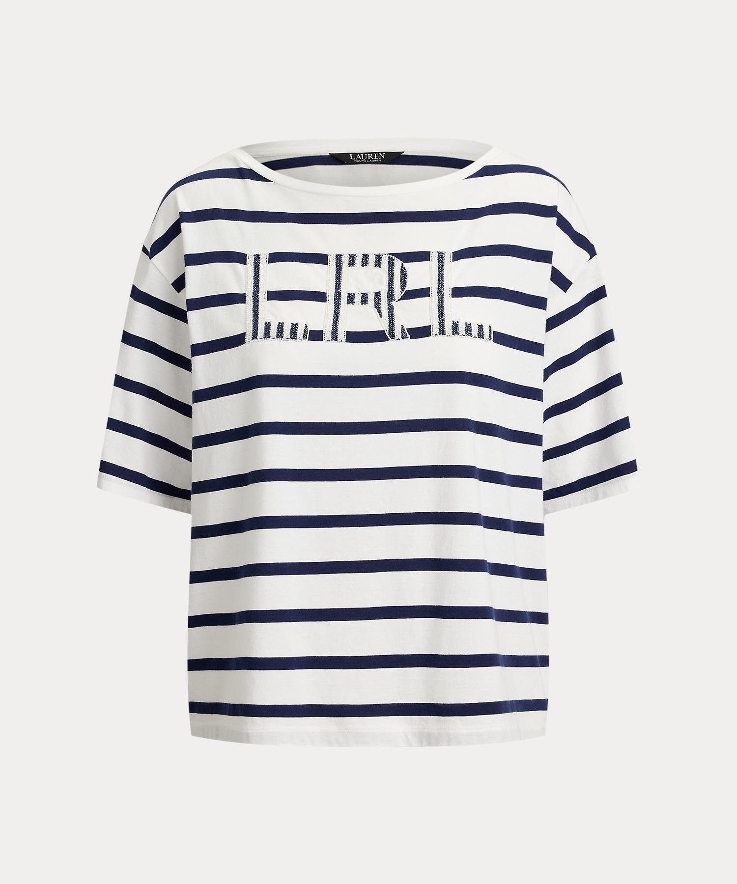ストライプド ビーデッドロゴ コットン ジャージー Tシャツ ラルフローレン トップス カットソー・Tシャツ ホワイト