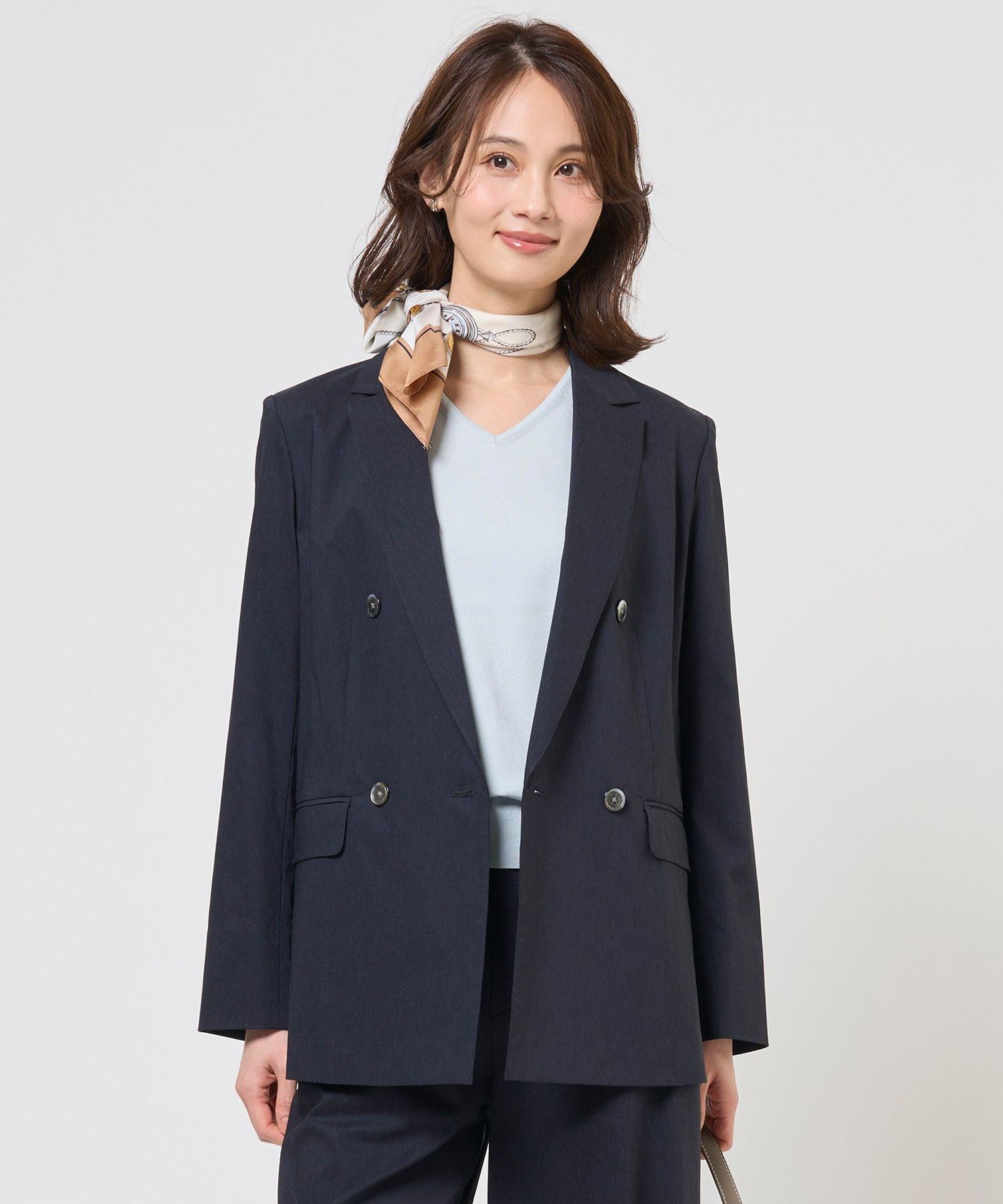 J.PRESS LADIES L 【人気素材・セットアップ対応】セルロースリネンストレッチ ダブル ジャケット ジェイプレス ジャケット・アウター テーラードジャケット・ブレザー ベージュ ネイビー