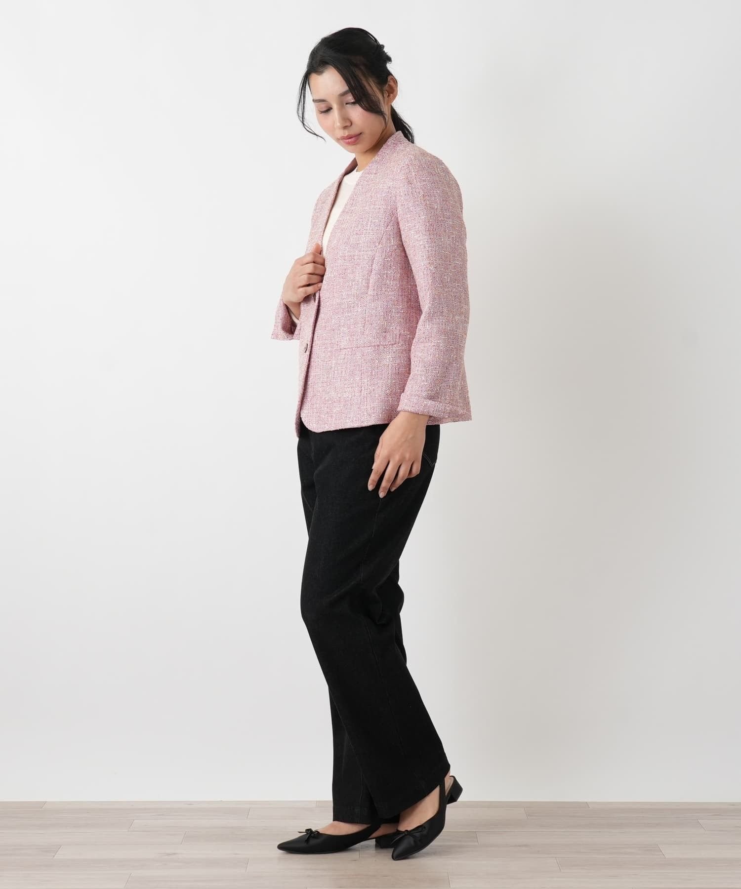 Leilian PLUS HOUSE ツイード調ノーカラージャケット【Leilian WHITE LABEL】 レリアン プラスハウス ジャケット・アウター テーラードジャケット・ブレザー ピンク