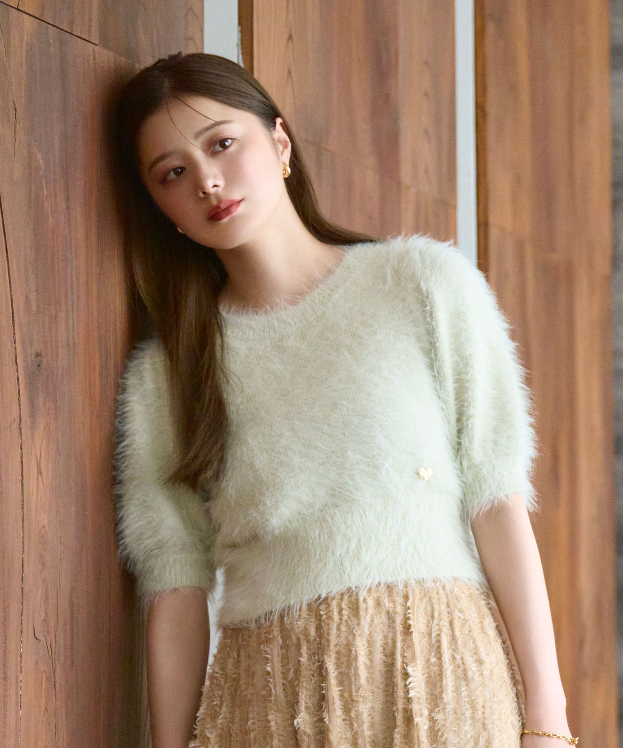 JILL by JILL STUART ハートプレート付きフェザーニット ジル バイ ジル スチュアート トップス ニット ピンク ブラウン ベージュ グリーン【送料無料】のサムネイル