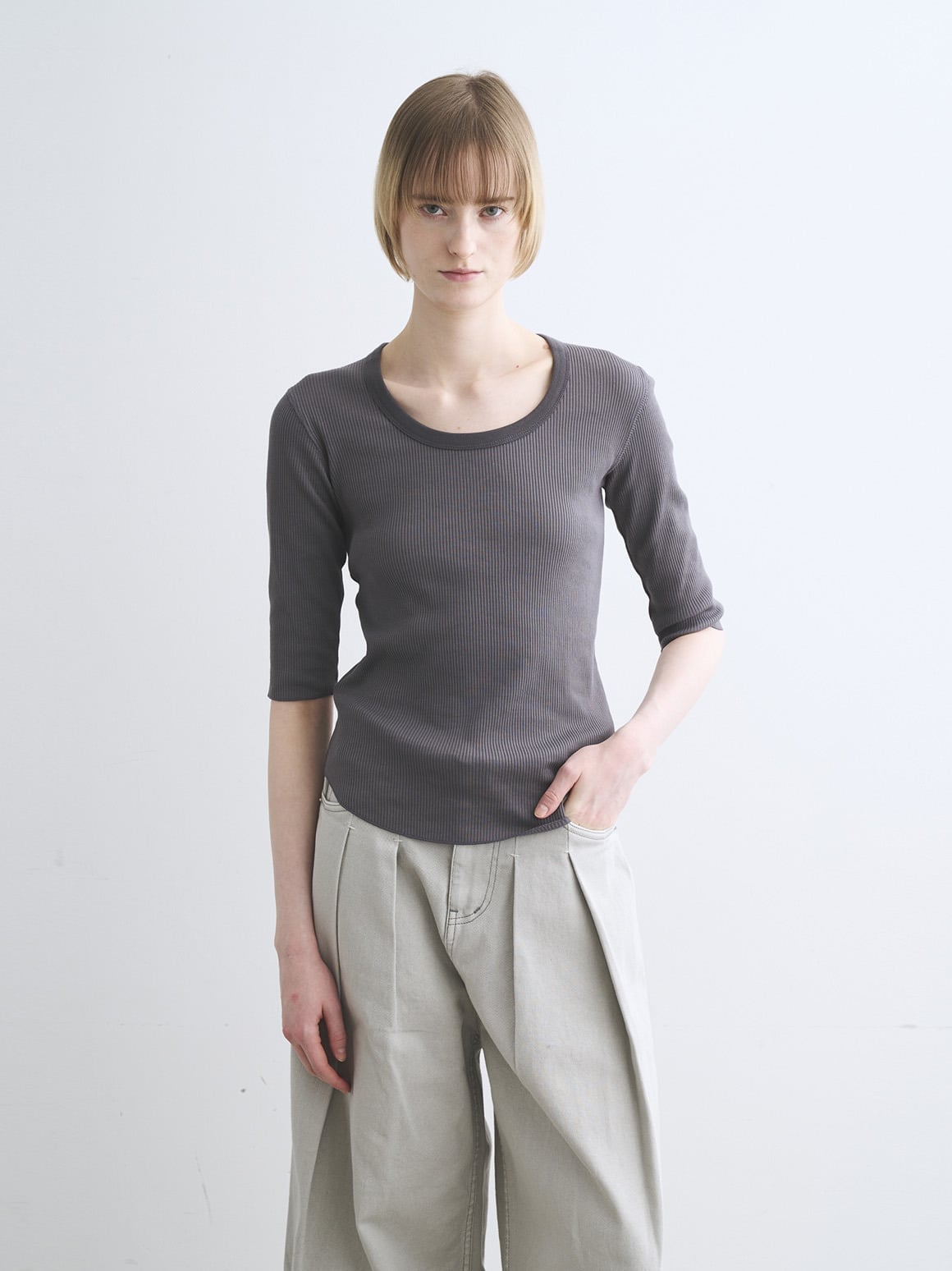 three dots Shiny rib jessica スリードッツ トップス カットソー・Tシャツ ブラック グレー ホワイト