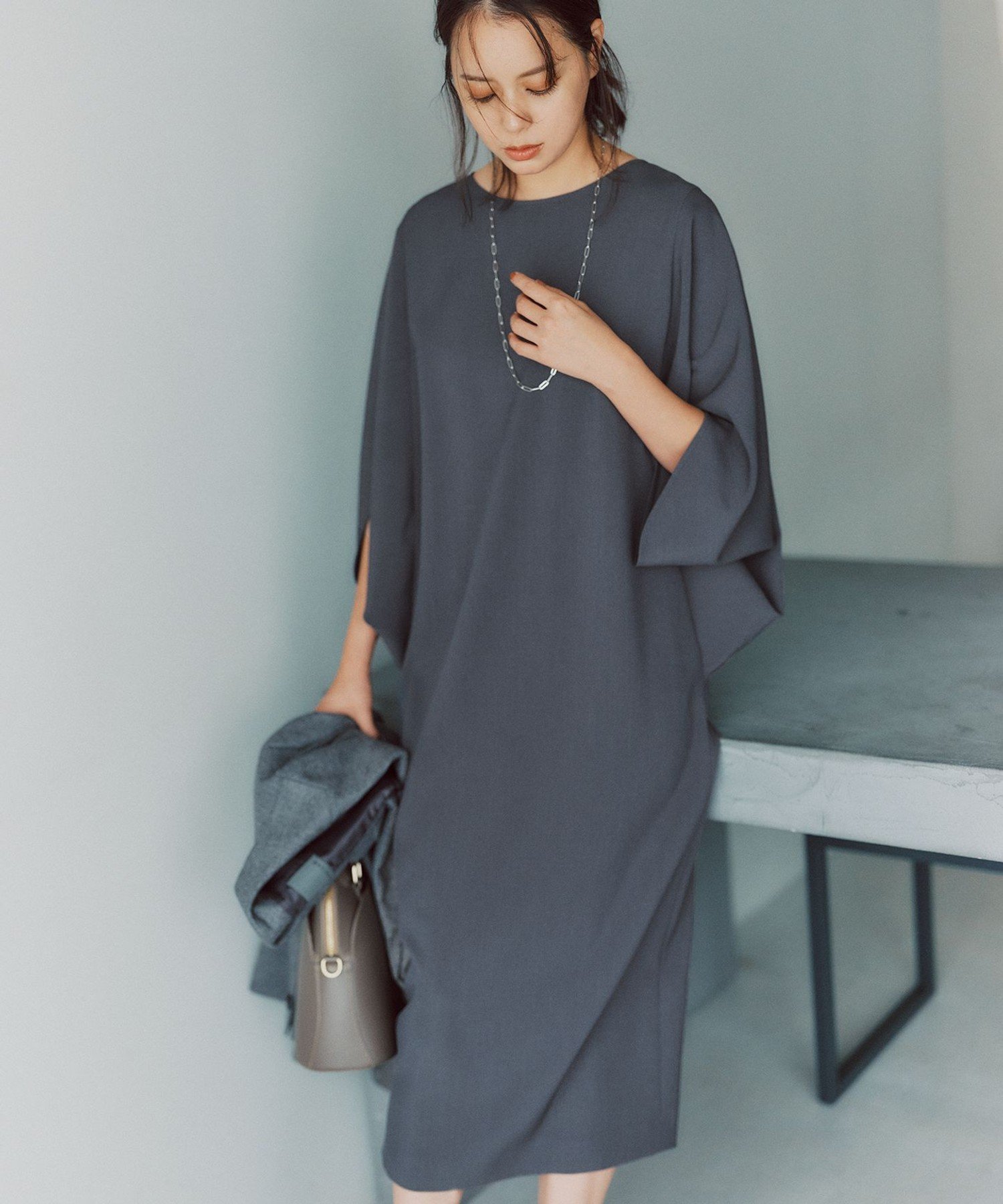 ICB L 【洗える】 ウールライクストレッチ ドルマンスリーブワンピース アイシービー ワンピース・ドレ..