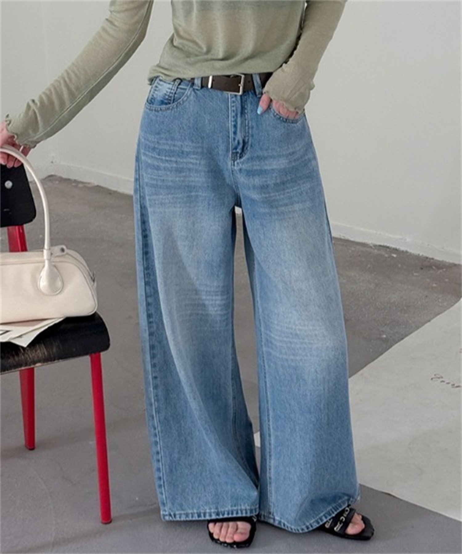 CHUN CHUN NOTES 26SS/ベルト付き ヴィンテージライク ワイドデニムパンツ ディアベル パンツ ジーンズ・デニムパンツ ブルー