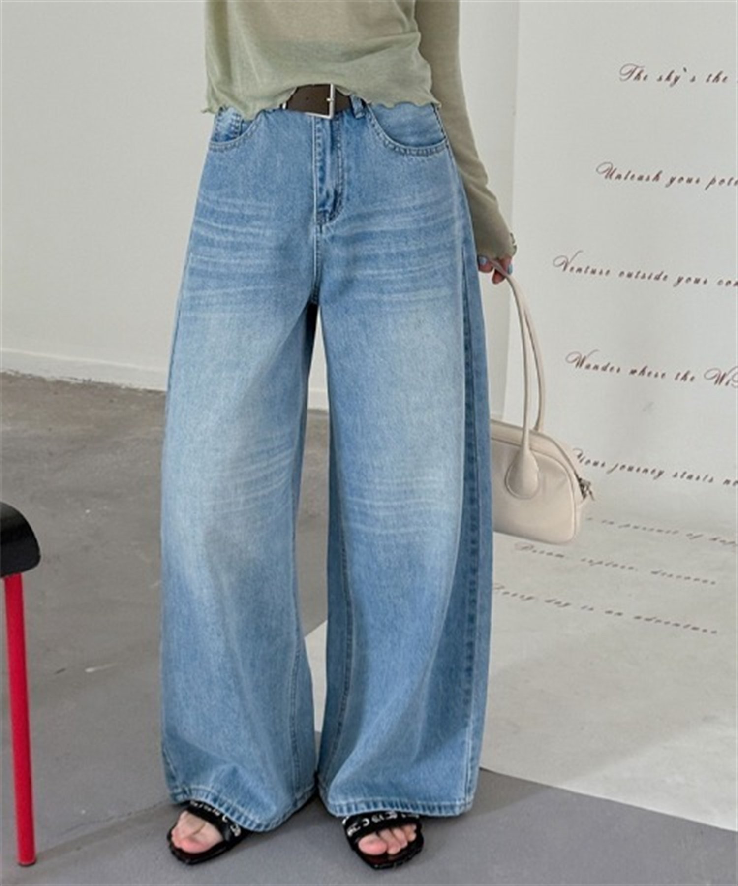 CHUN CHUN NOTES 26SS/ベルト付き ヴィンテージライク ワイドデニムパンツ ディアベル パンツ ジーンズ・デニムパンツ ブルー