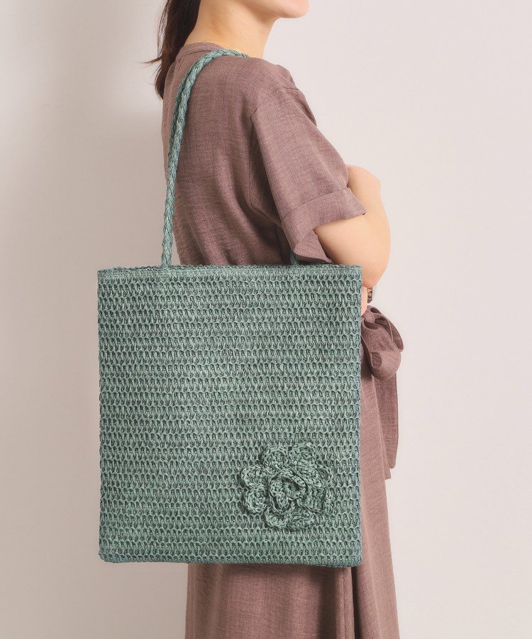 【SALE／37%OFF】ITS' DEMO 雑材コサージュフラットトート イッツデモ バッグ トートバッグ グリーン グレー ベージュ