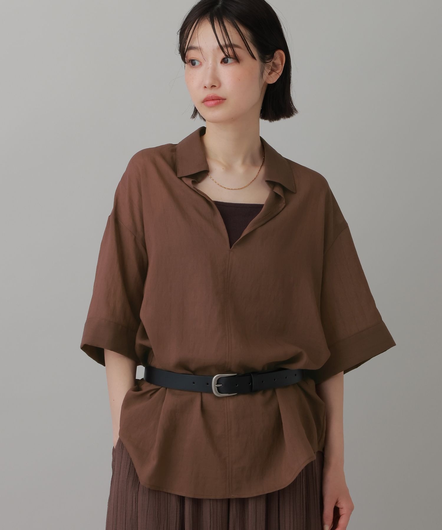 LAKOLE ＜多機能ウェア＞リネンMIXスキッパーシャツ ラコレ トップス シャツ・ブラウス パープル ブラウン ブルー ホワイト
