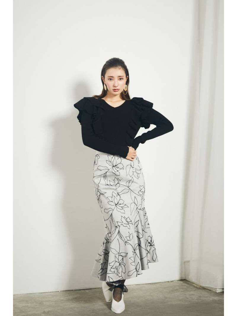 【SALE／30%OFF】rienda ラインフラワーマーメイドJ/W SK リエンダ スカート ミディアムスカート ホワイト ブラック【送料無料】のサムネイル