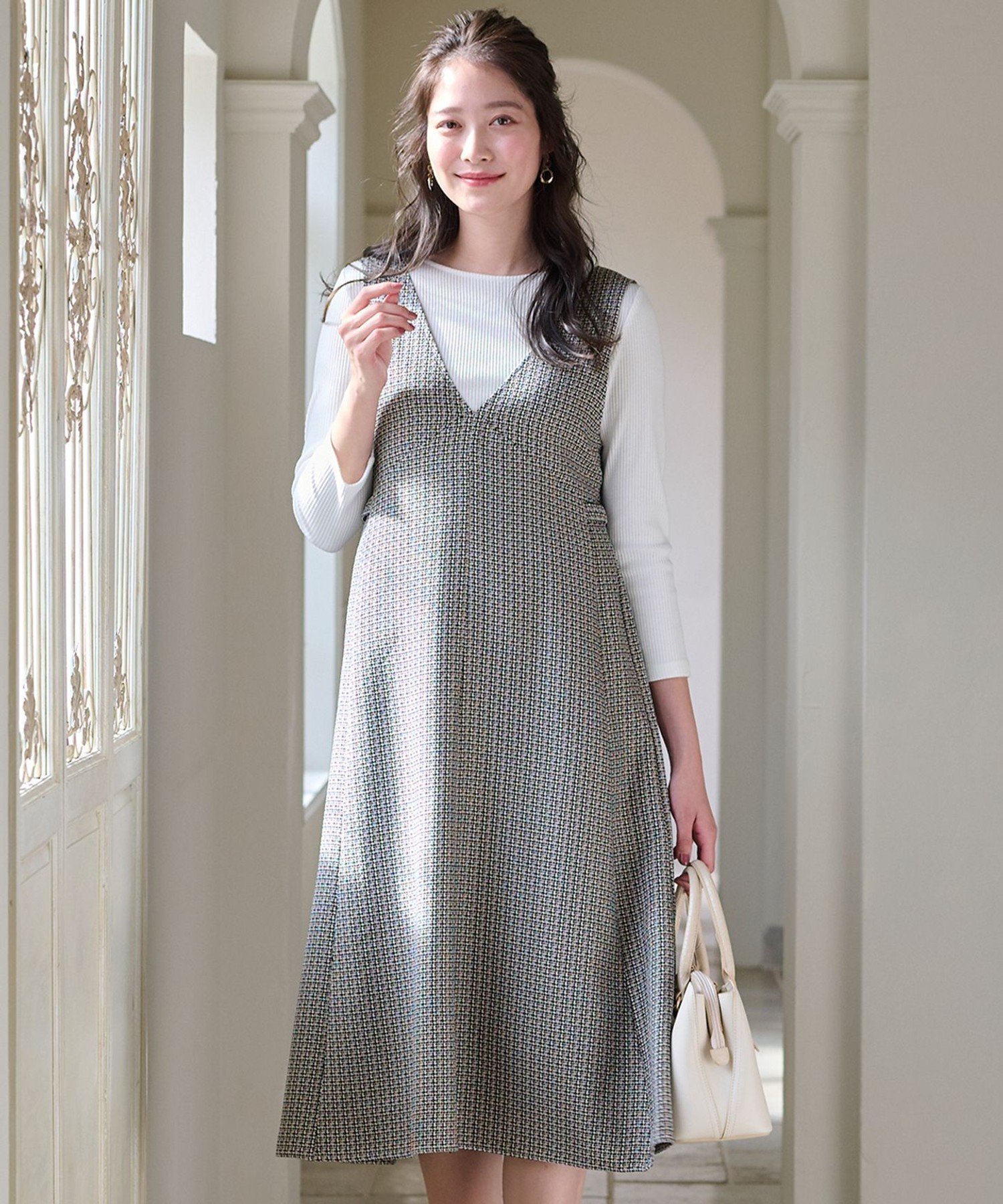 【SALE／50%OFF】any SiS L 【洗える】ツイード調ワンピース セット エニィスィス ワンピース・ドレス ワンピース ブラック ベージュ【送料無料】のサムネイル