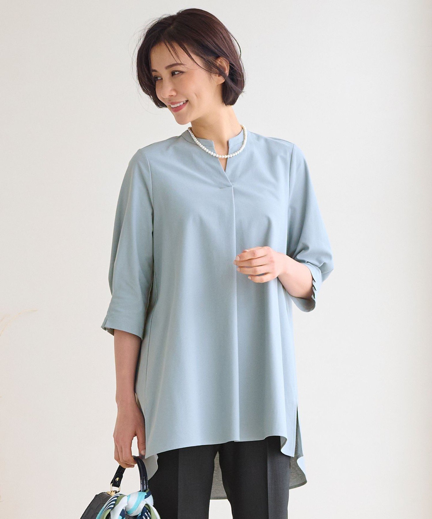 【SALE／50%OFF】自由区 S 【UVカット・吸水速乾・洗える】ツイストプレーンバンドカラーチュニック丈 カットソー ジユウク トップス カットソー・Tシャツ ベージュ ネイビー グリーン イエロー【送料無料】