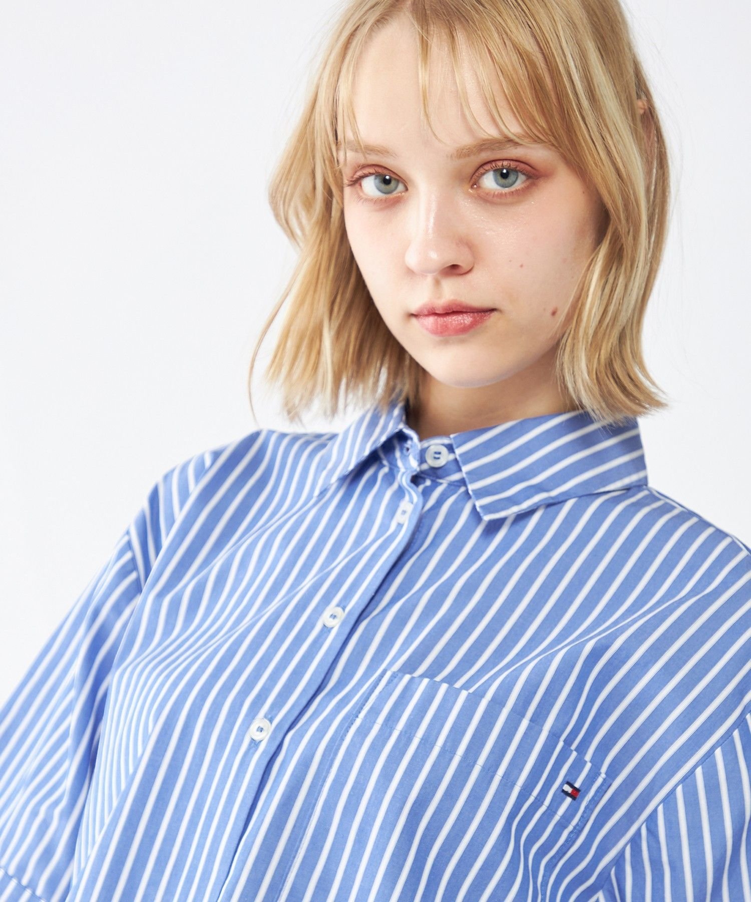 【SALE／50%OFF】TOMMY HILFIGER ポプリンボクシーショートスリーブシャツ トミーヒルフィガー トップス シャツ・ブラウス ブルー ホワイト【送料無料】