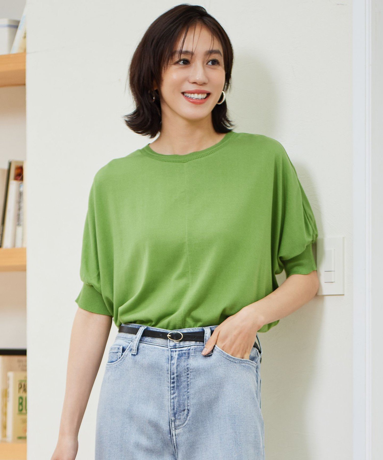 自由区 ドレーピードルマンスリーブ ニットソー ジユウク トップス カットソー・Tシャツ ネイビー グリーン ホワイト