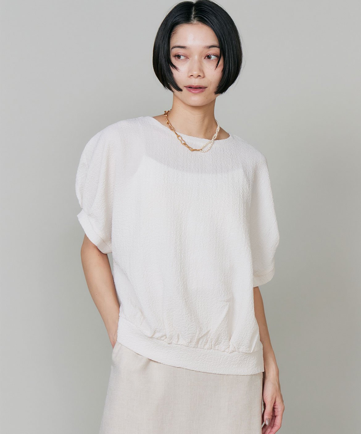 INED 裾ギャザードルマンスリーブカットソー イネド トップス カットソー・Tシャツ ブラック ホワイト