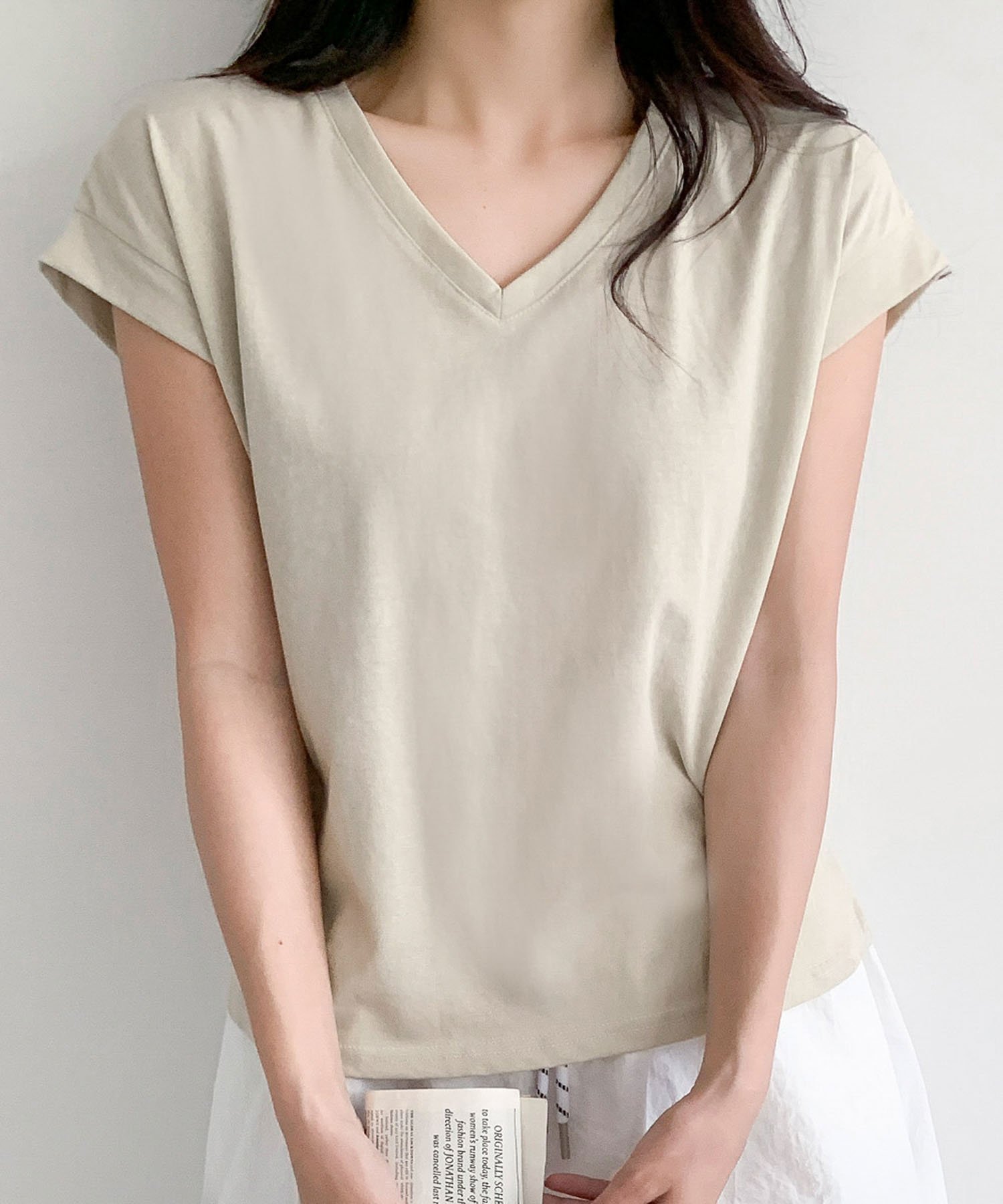 LOWO 抜群の伸縮性!Vネックフレンチスリーブカットソー リバーフィールド アンド コー トップス カットソー・Tシャツ ブラック グレー ホワイト