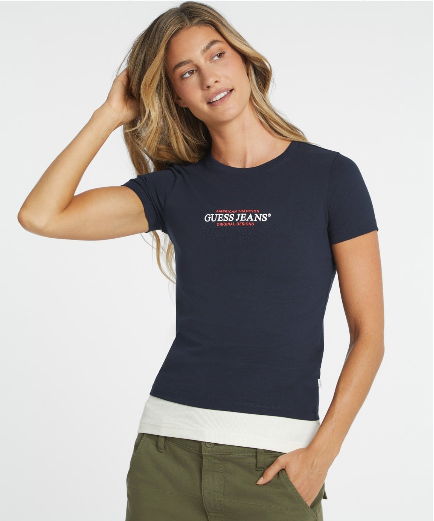 GUESS JEANS 半袖Tシャツ (W)Slim American Tr Tee ゲス トップス カットソー・Tシャツ ホワイト ブラック カーキグリーン ネイビー