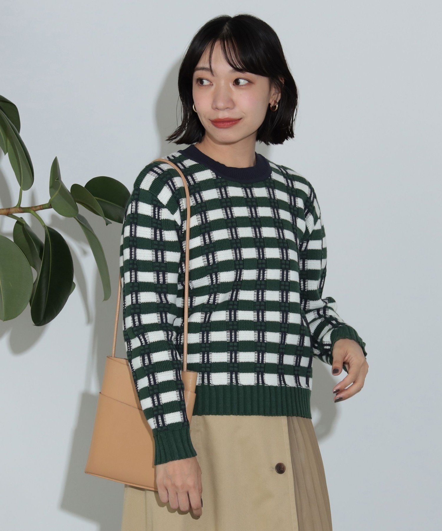 【SALE／40%OFF】BEAMS HEART WOMEN フクレ チェック ニット ビームス アウトレット トップス ニット グリーン