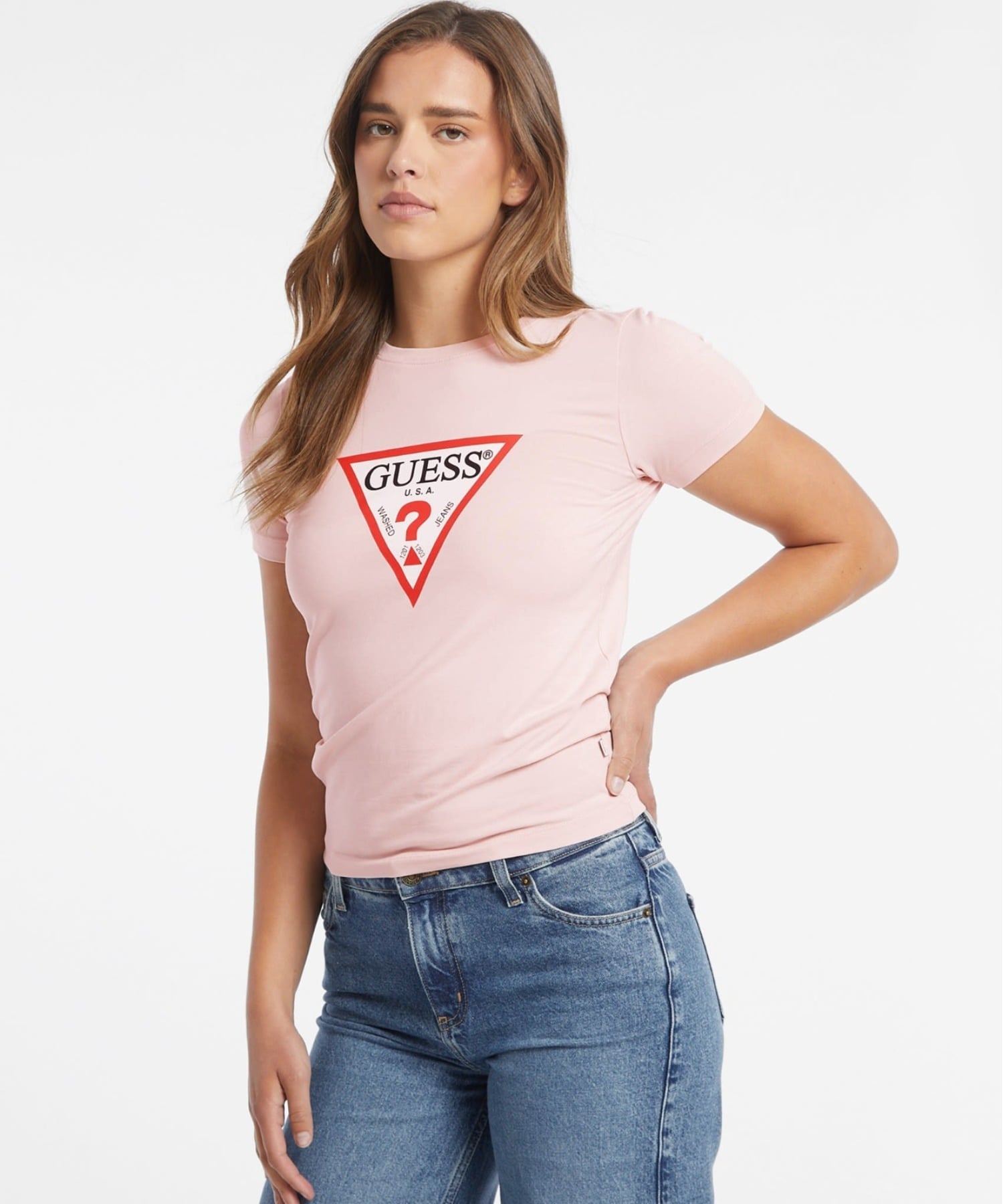 GUESS JEANS 半袖 Tシャツ(W)Slim Iconic Tee ゲス トップス カットソー・Tシャツ グレー ピンク