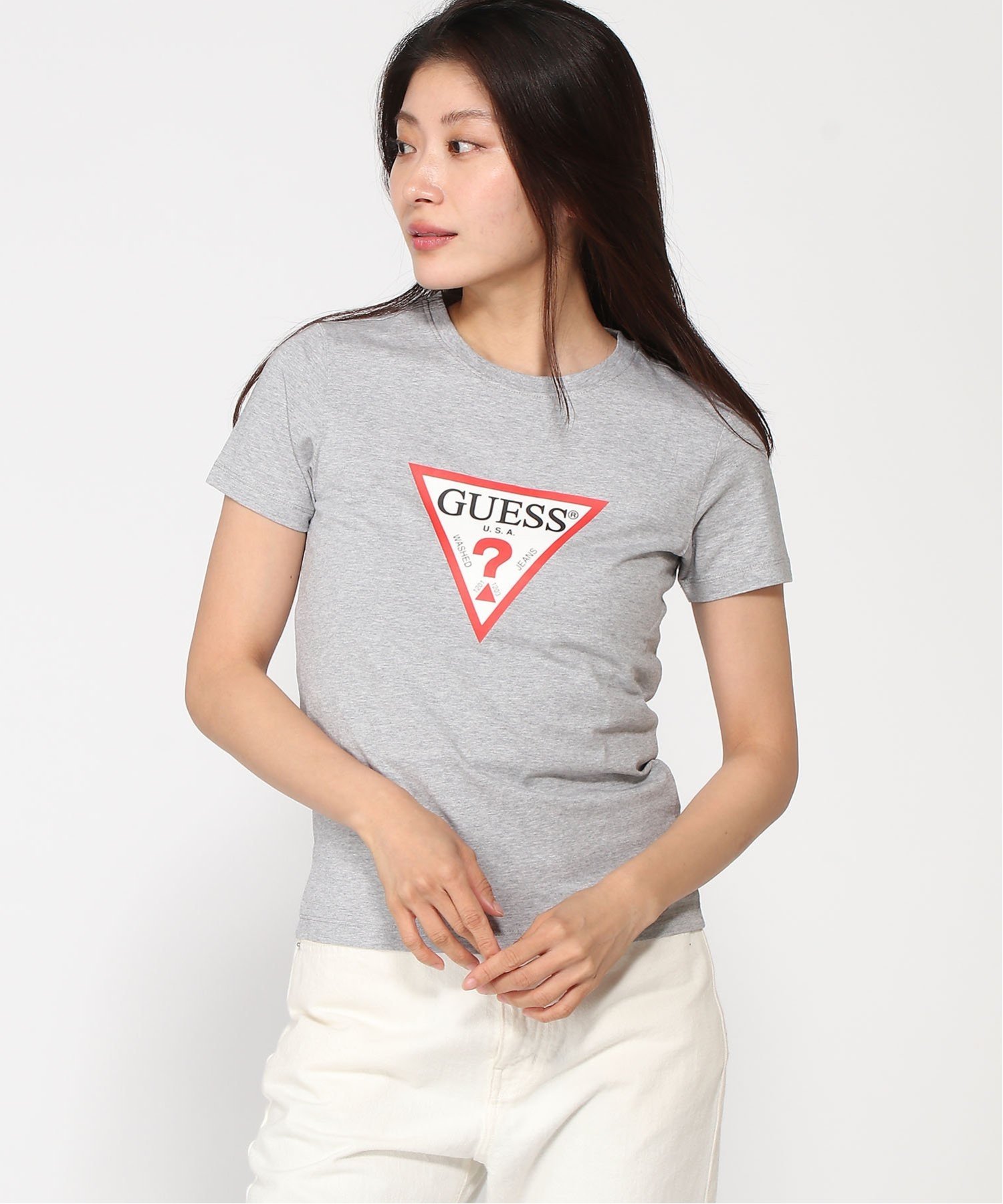 GUESS JEANS 半袖 Tシャツ(W)Slim Iconic Tee ゲス トップス カットソー・Tシャツ グレー ピンク