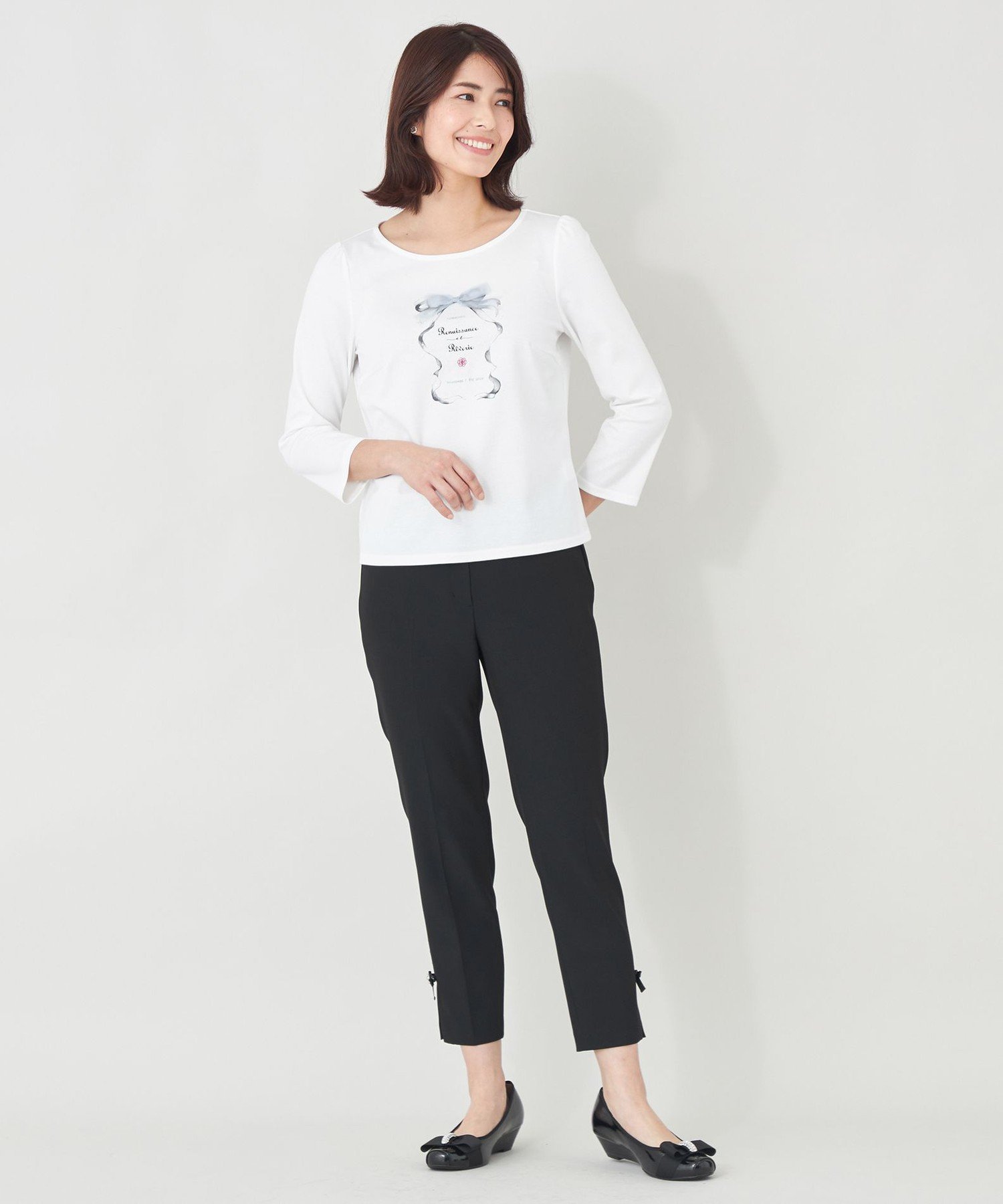 TO BE CHIC 【L】リボンフレームモチーフ カットソー サンヨー エルサイズ トップス カットソー・Tシャツ ホワイト ブラック
